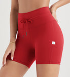 5" Inseam High Waist Shorts With Drawstring Workout Yoga Biker Shorts Red - ododos