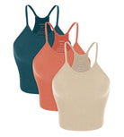 3-Pack Seamless Rib-Knit Camisole Beige+Coral+Teal - ododos