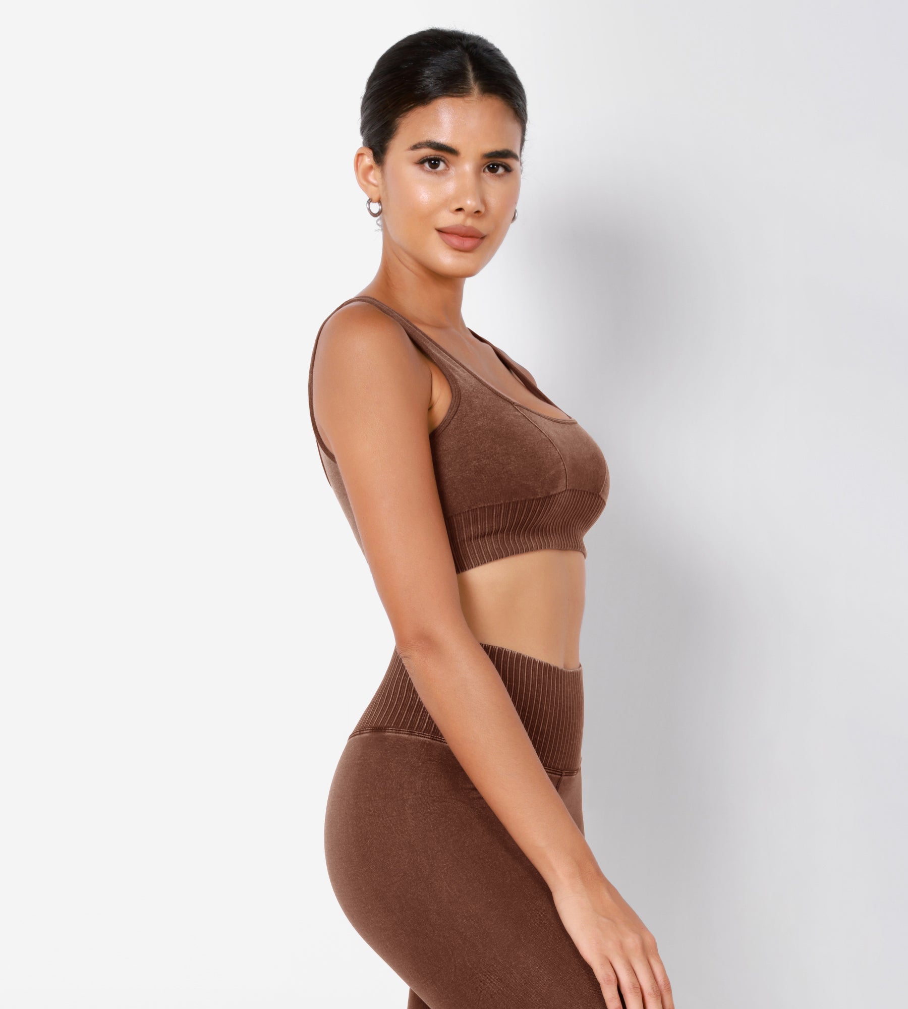 Ribbed Square Neck Sports Bra Stone Washing Brown - ododos