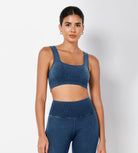 Ribbed Square Neck Sports Bra Stone Washing Cobalt Blue - ododos