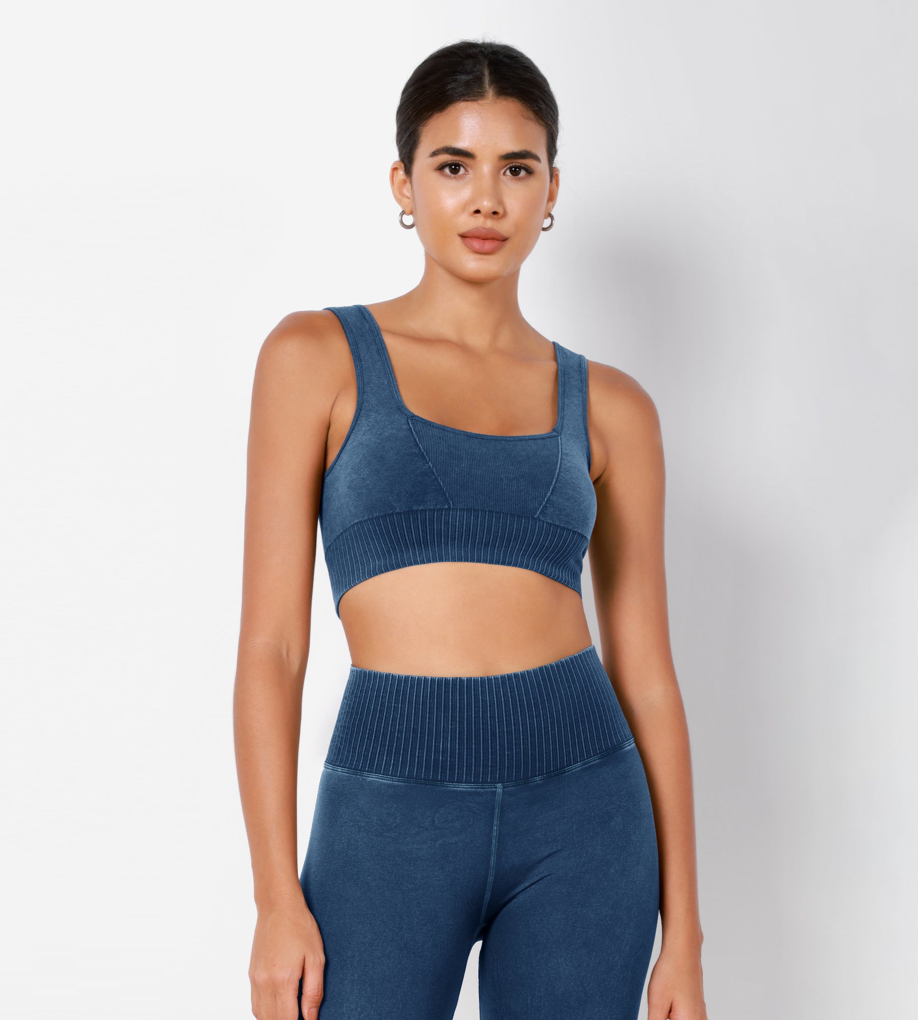 Ribbed Square Neck Sports Bra Stone Washing Cobalt Blue - ododos