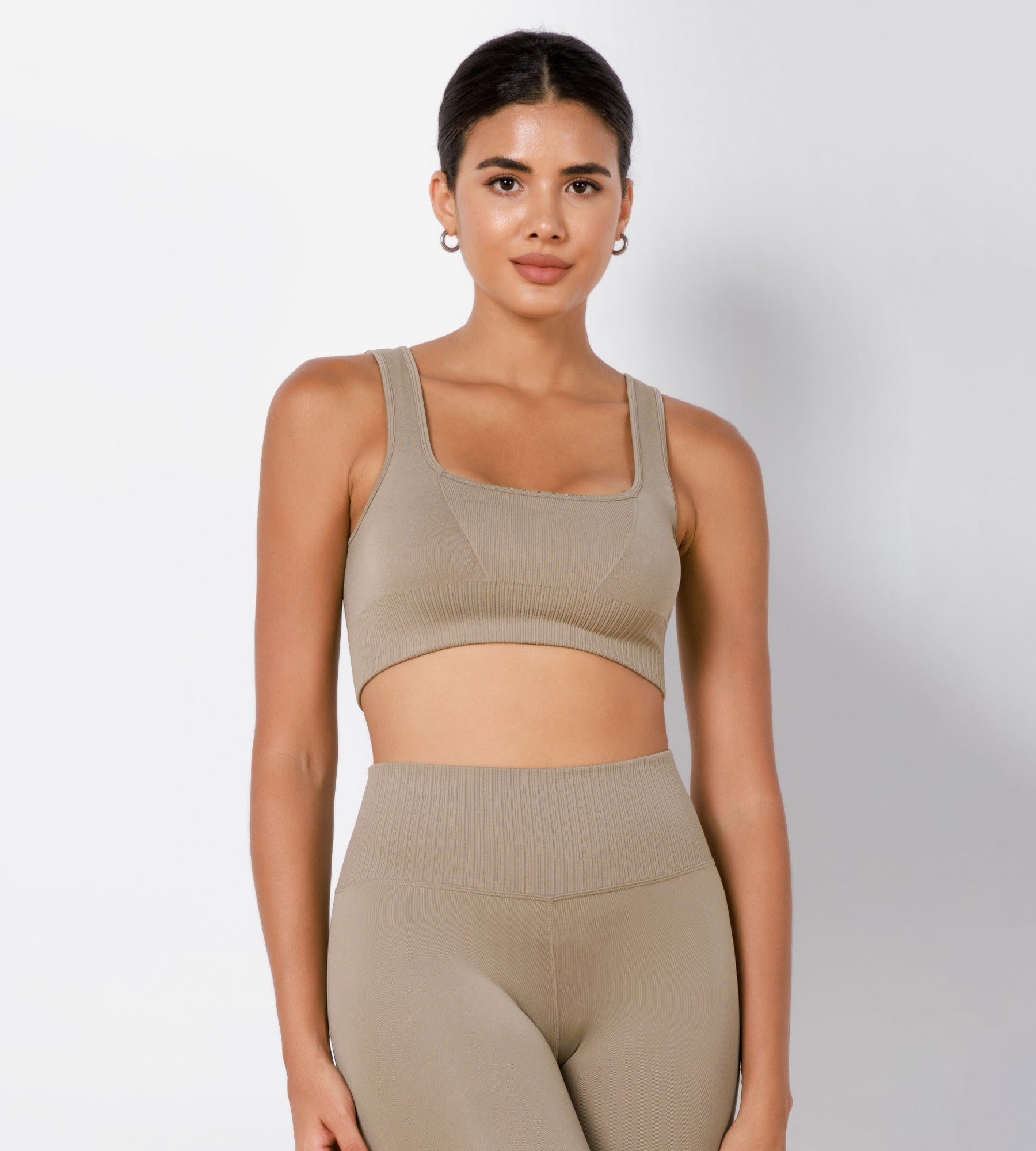 Ribbed Square Neck Sports Bra Taupe - ododos