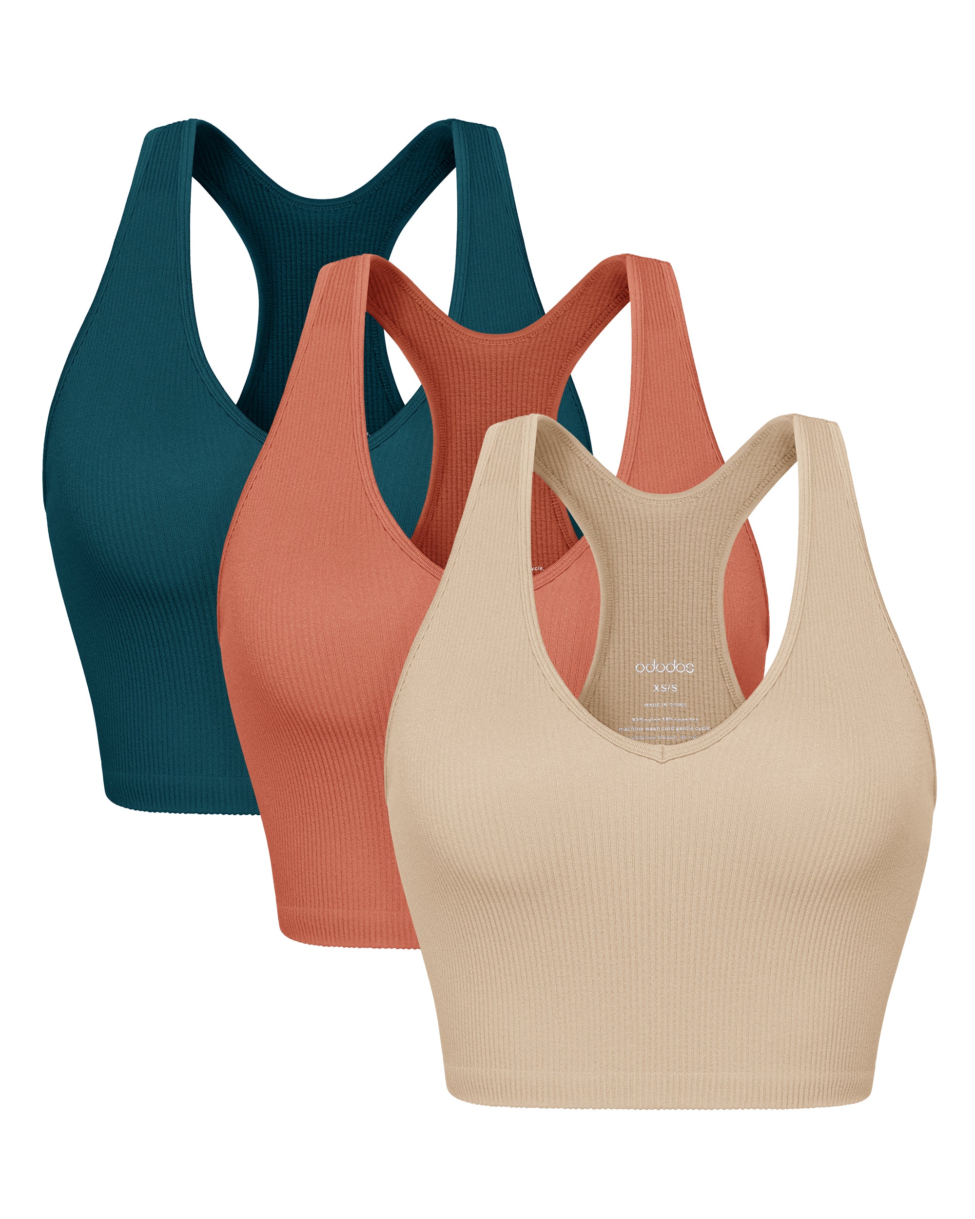 3-Pack Seamless Racerback Crop Tank Tops Beige+Coral+Teal - ododos