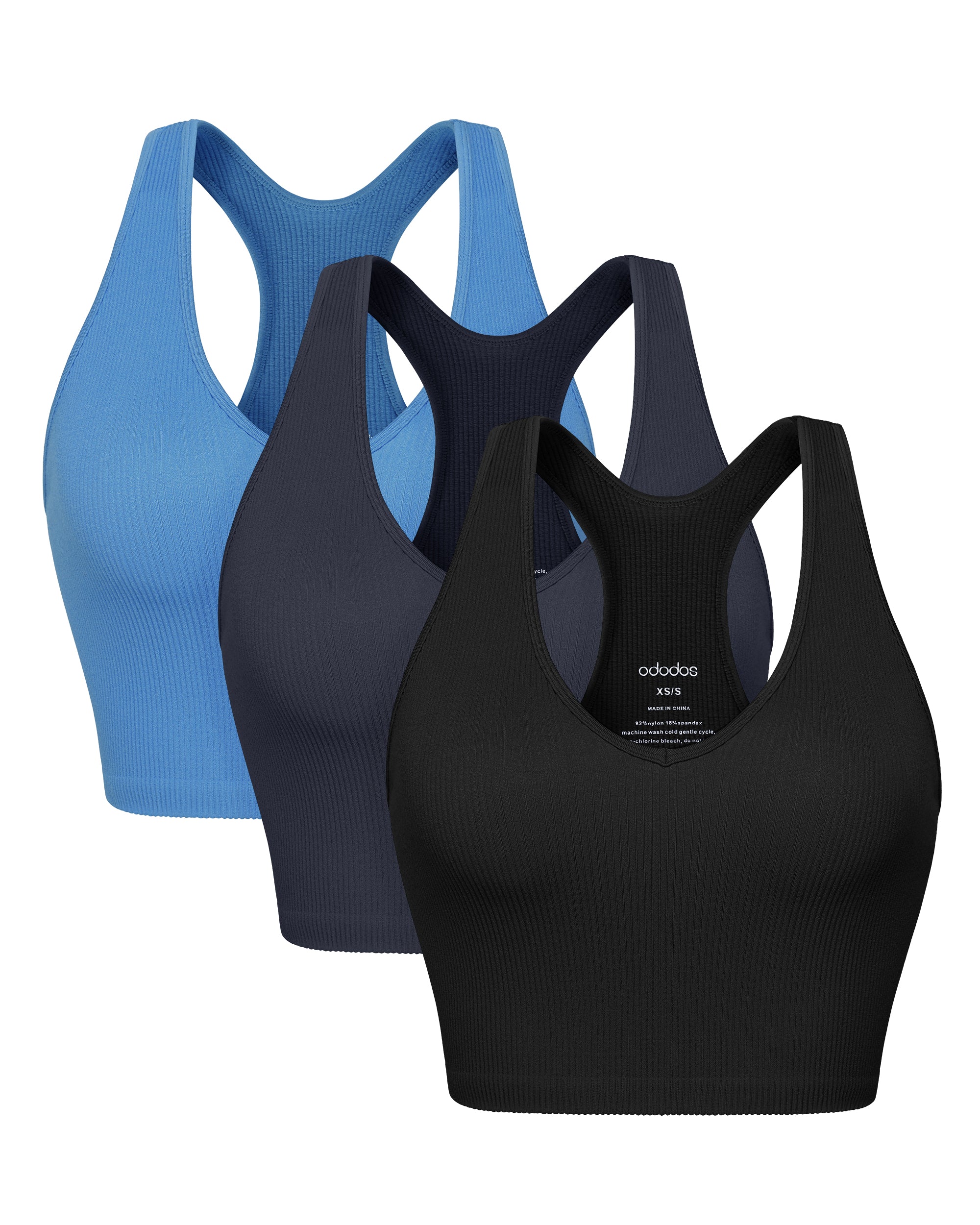 3-Pack Seamless Racerback Crop Tank Tops Black+Navy+Blue - ododos