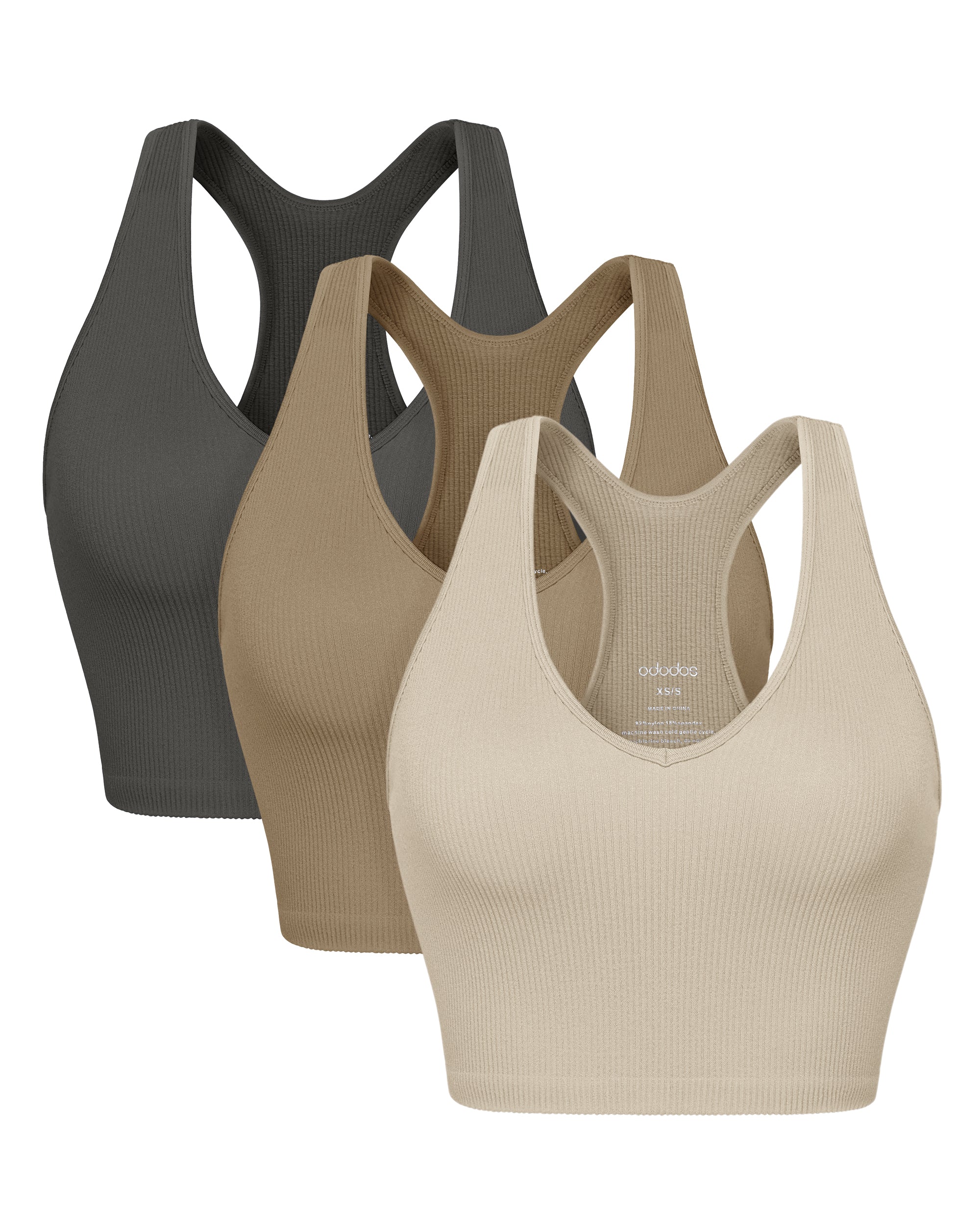 3-Pack Seamless Racerback Crop Tank Tops Mushroom+Taupe+Charcoal - ododos