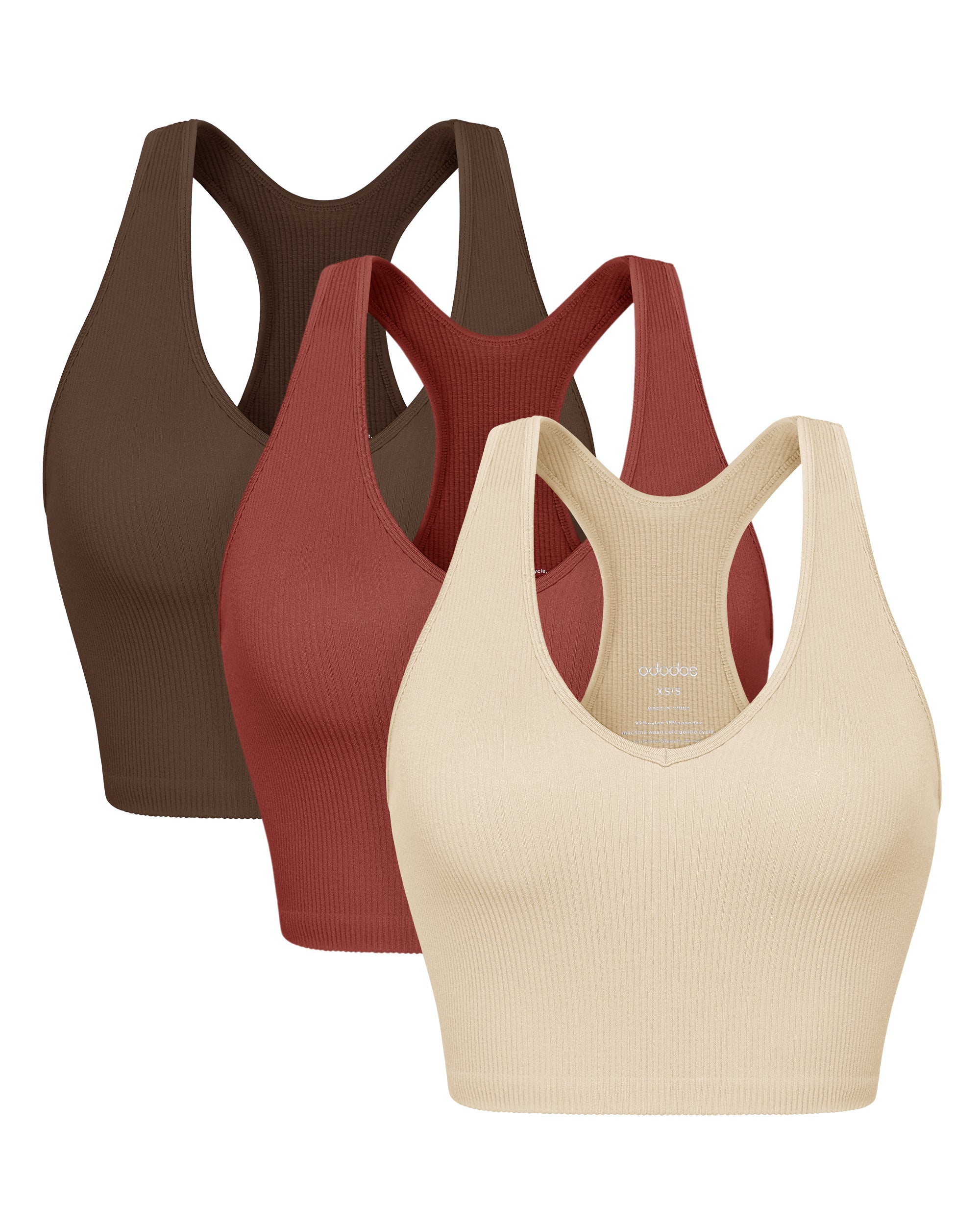 3-Pack Seamless Racerback Crop Tank Tops Oatmeal+Barn Red+Brunette - ododos