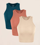 3-Pack Seamless Ribbed High Neck Tank Tops Beige+Coral+Teal - ododos