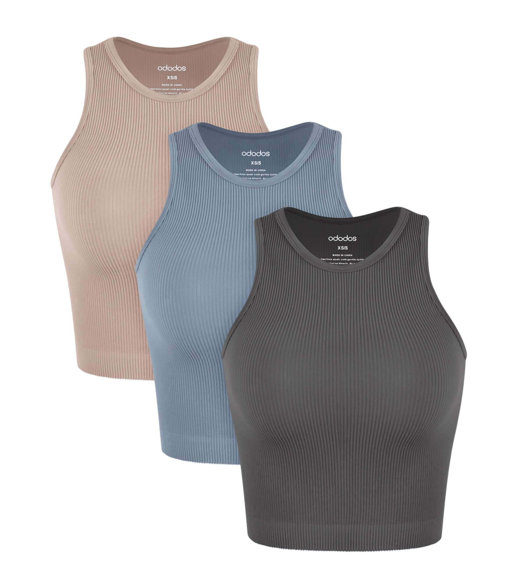 3-Pack Seamless Ribbed High Neck Tank Tops - Charcoal+Dusty Blue+Bark / XS/S 3-Pack Seamless Ribbed High Neck Tank Tops - Charcoal+Dusty Blue+Bark / XS/S