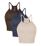 3-Pack Crop Length Herringbone Knit Seamless Soft Camisole Tank Tops Brunette+navy+beige - ododos