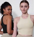 2-Pack Racerback High Neck Ribbed Cropped Tank Tops Black+Oatmeal - ododos