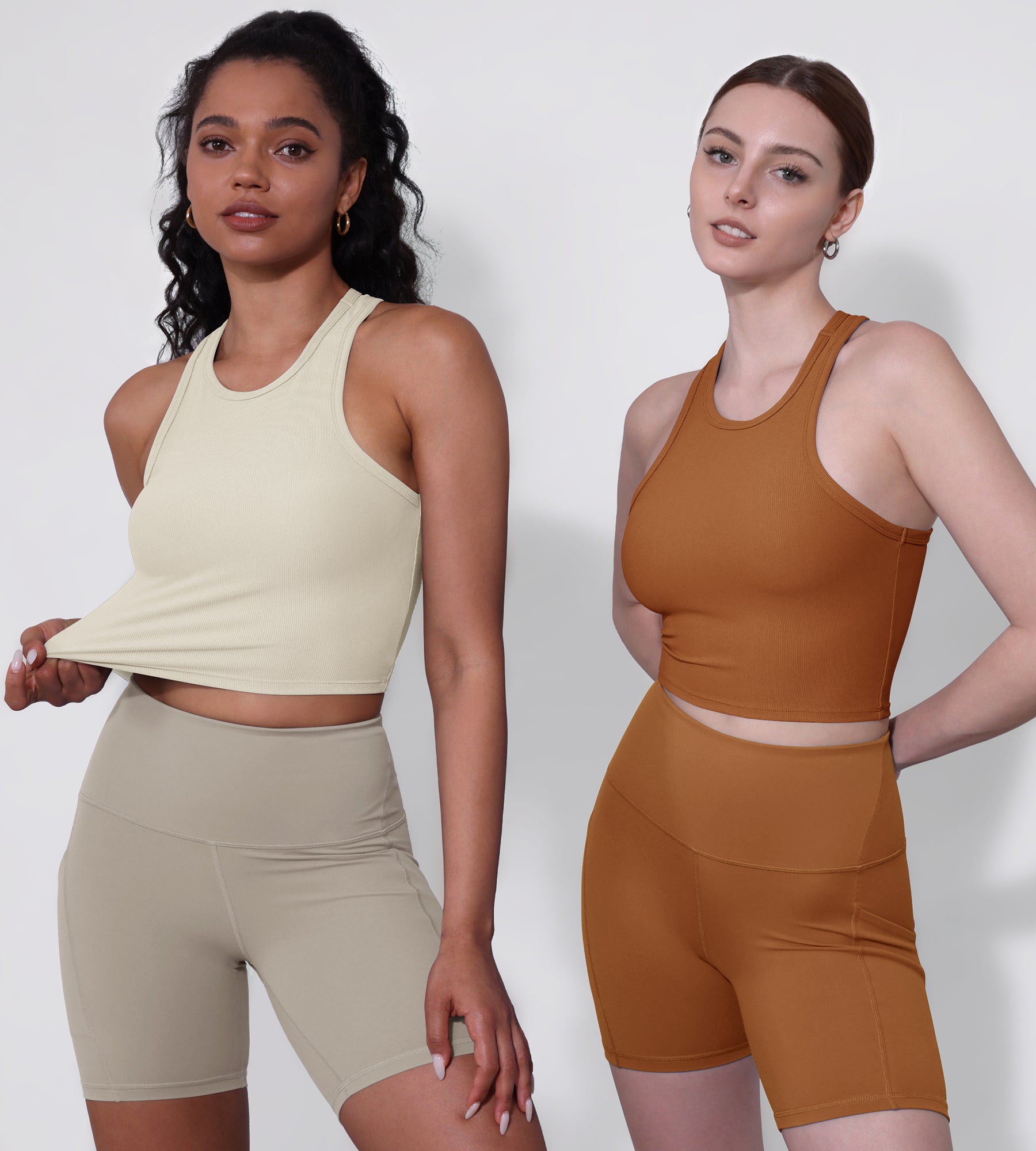 2-Pack Racerback High Neck Ribbed Cropped Tank Tops Oatmeal+Clay - ododos