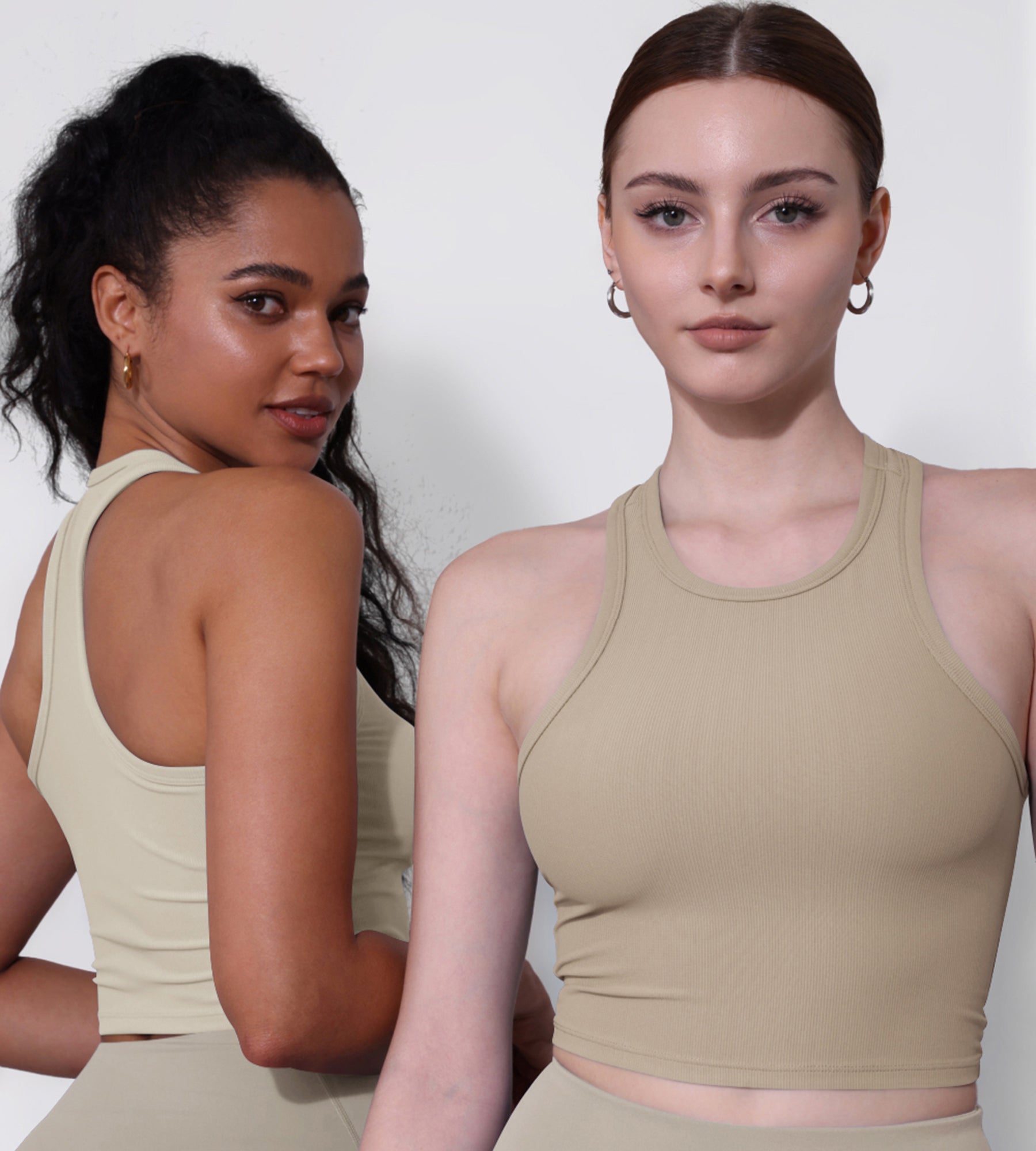 2-Pack Racerback High Neck Ribbed Cropped Tank Tops Oatmeal+Taupe - ododos