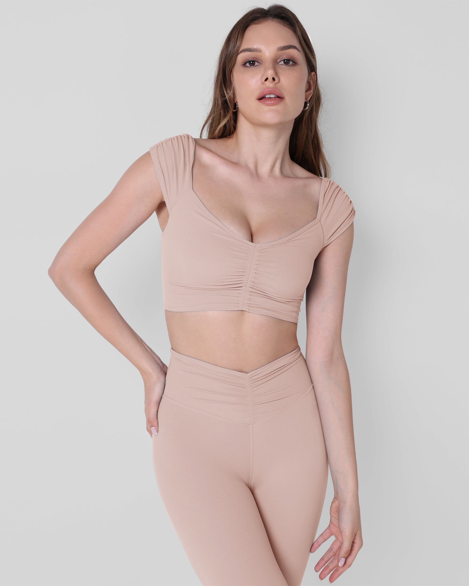 V-Neck Ruched Front Crop Tank Dusty Pink - ododos