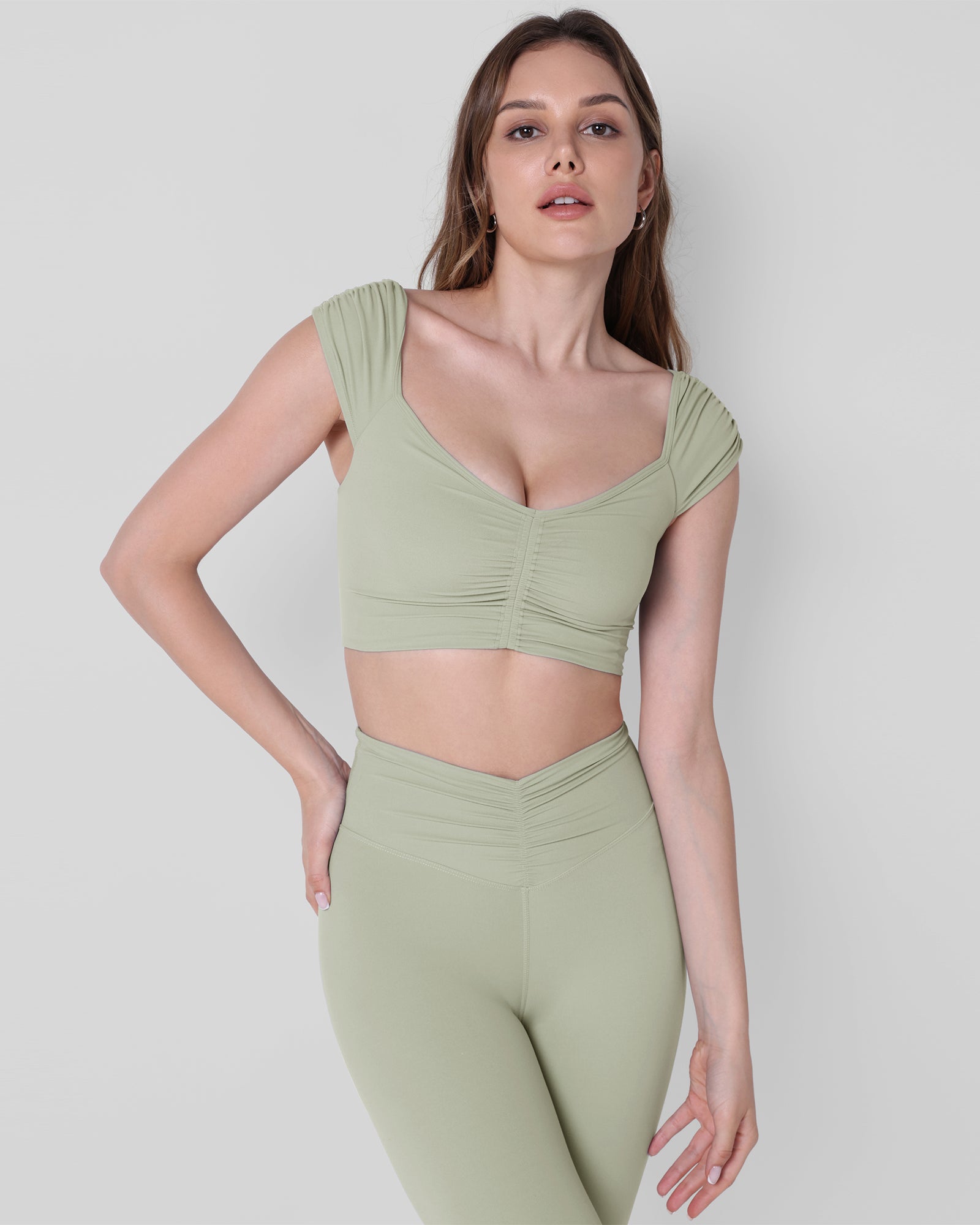 V-Neck Ruched Front Crop Tank Lime Stone - ododos