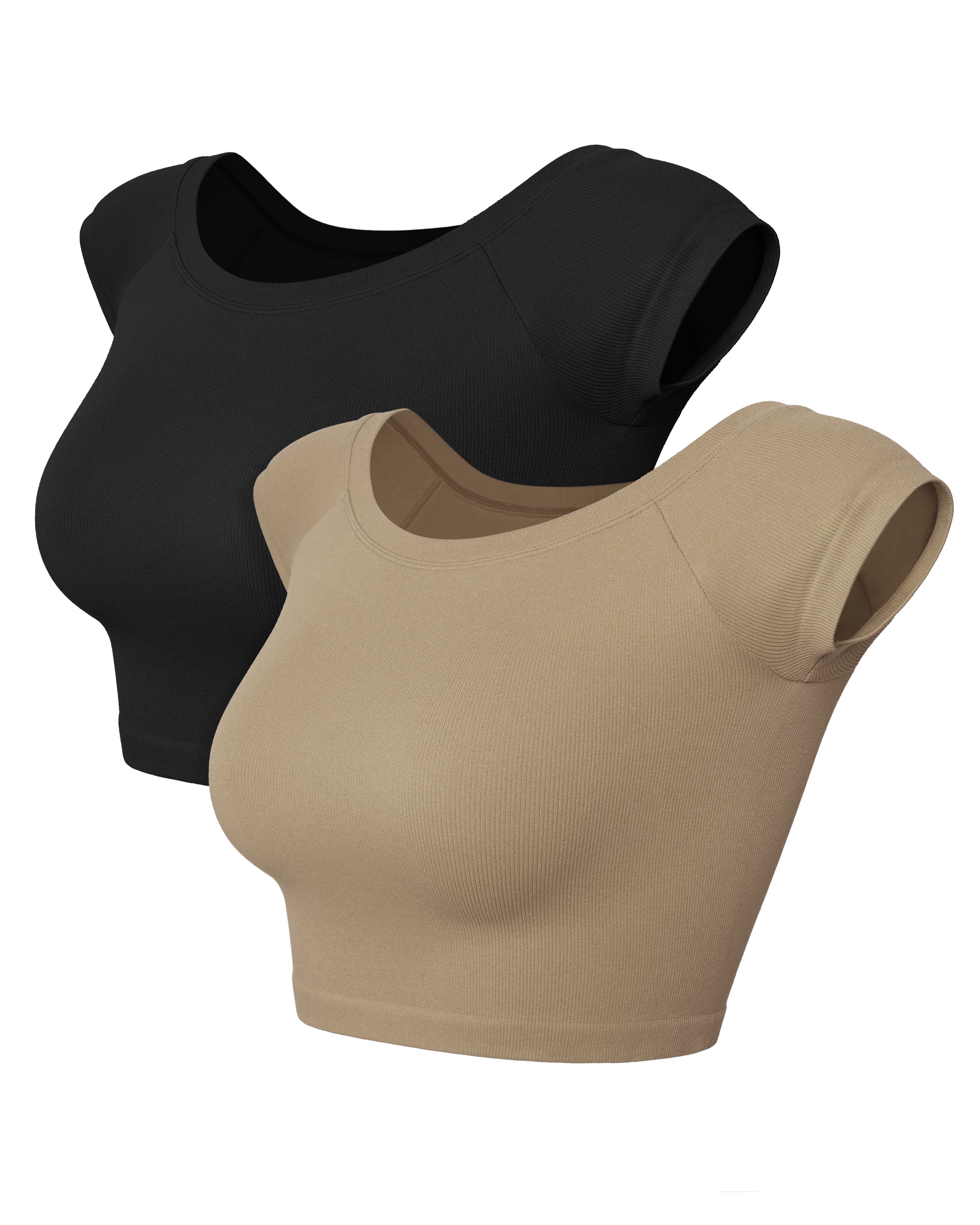 2-Pack Seamless Off Shoulder Short Sleeve Tops Black+Taupe - ododos