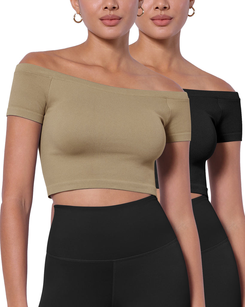  2-Pack Seamless Off Shoulder Short Sleeve Tops - ododos