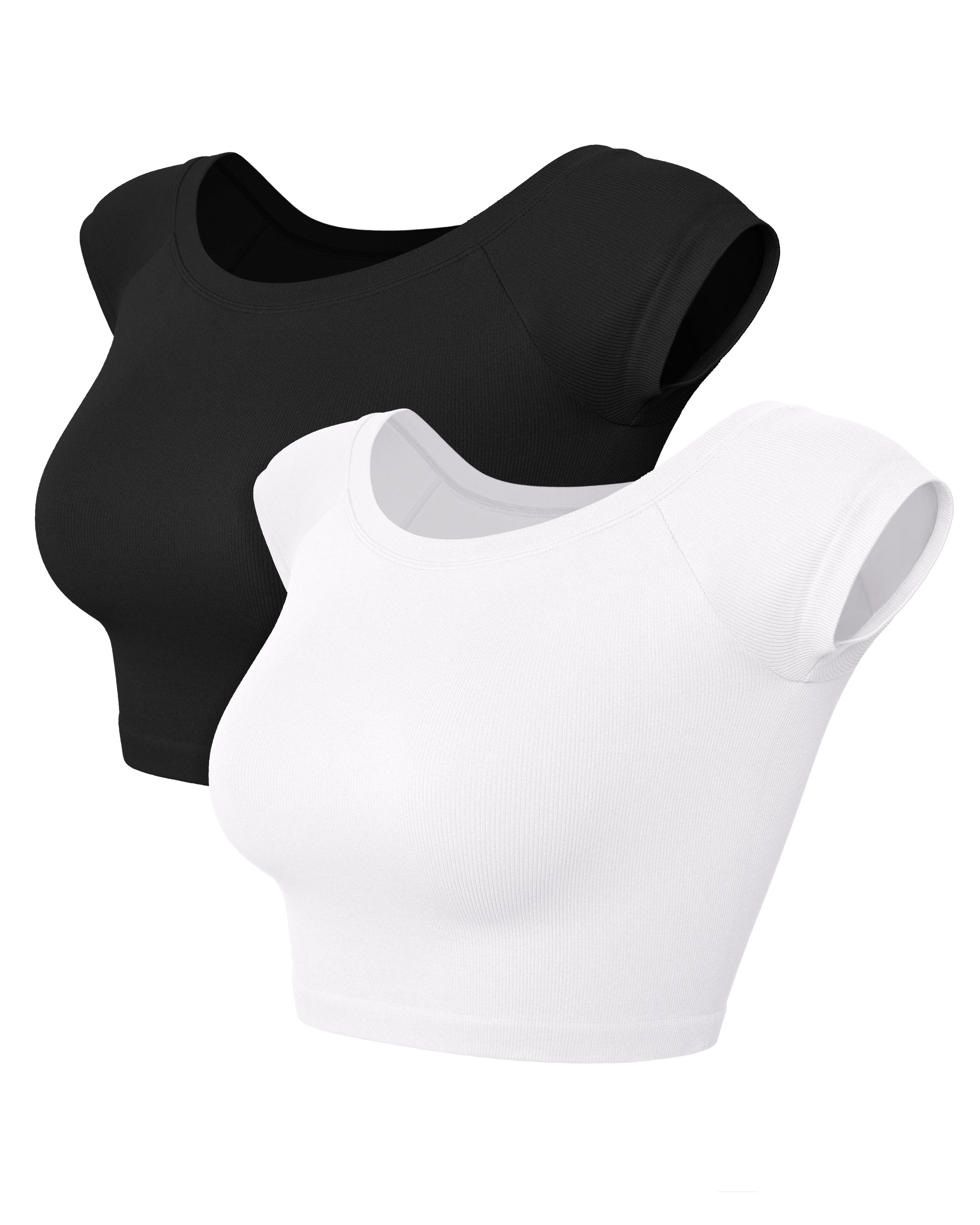 2-Pack Seamless Off Shoulder Short Sleeve Tops Black+White - ododos