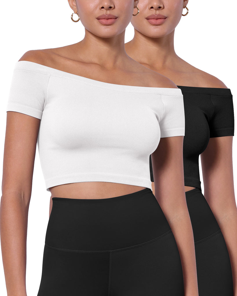  2-Pack Seamless Off Shoulder Short Sleeve Tops - ododos