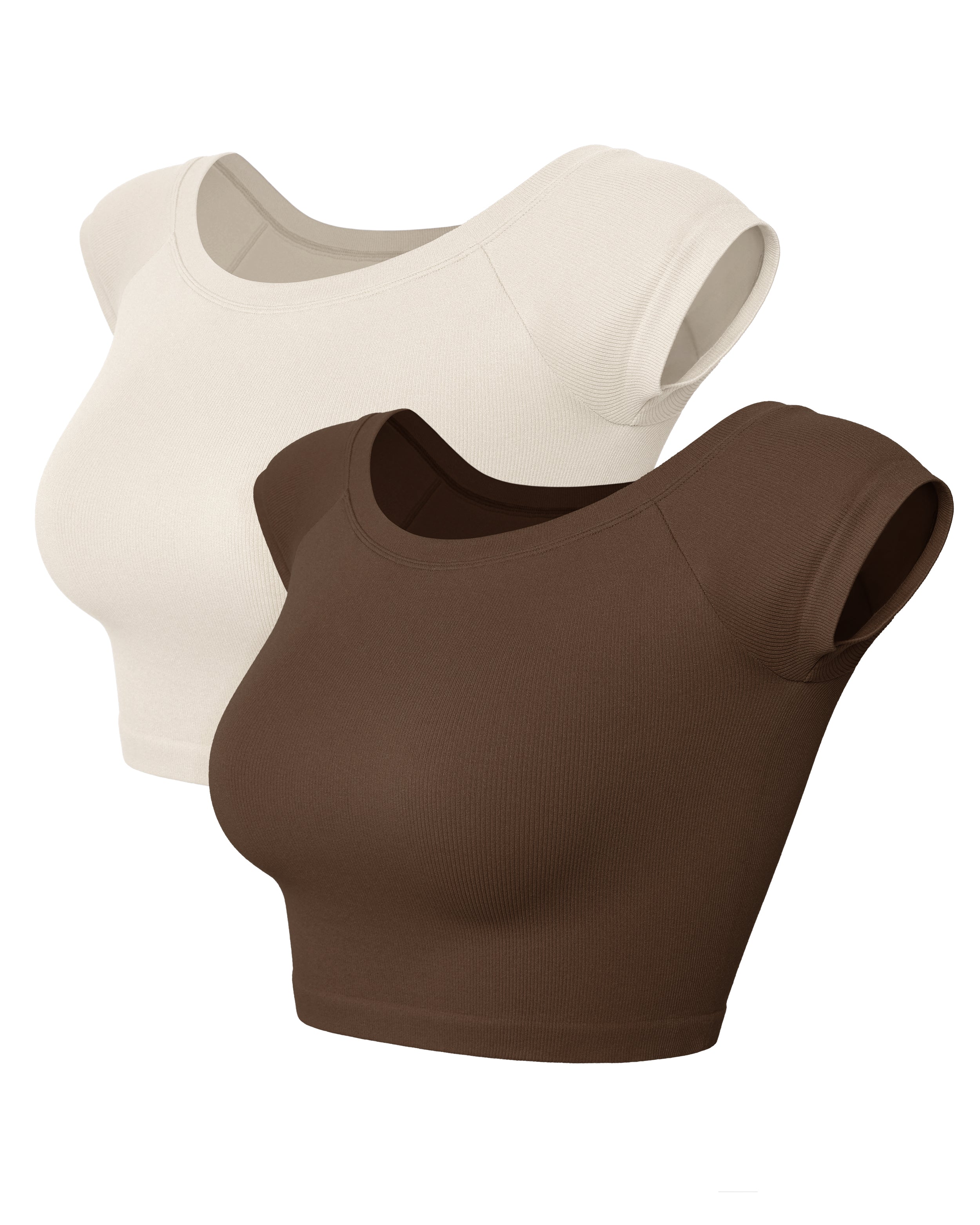 2-Pack Seamless Off Shoulder Short Sleeve Tops Brunette+Ivory - ododos