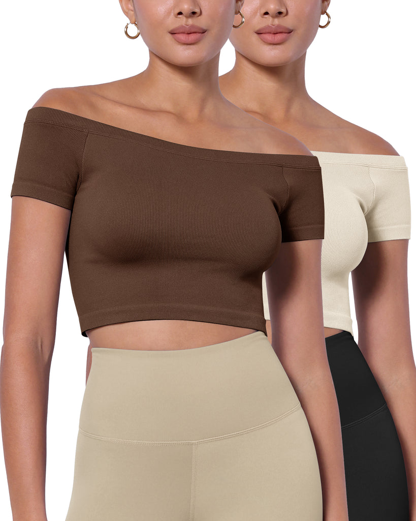  2-Pack Seamless Off Shoulder Short Sleeve Tops - ododos