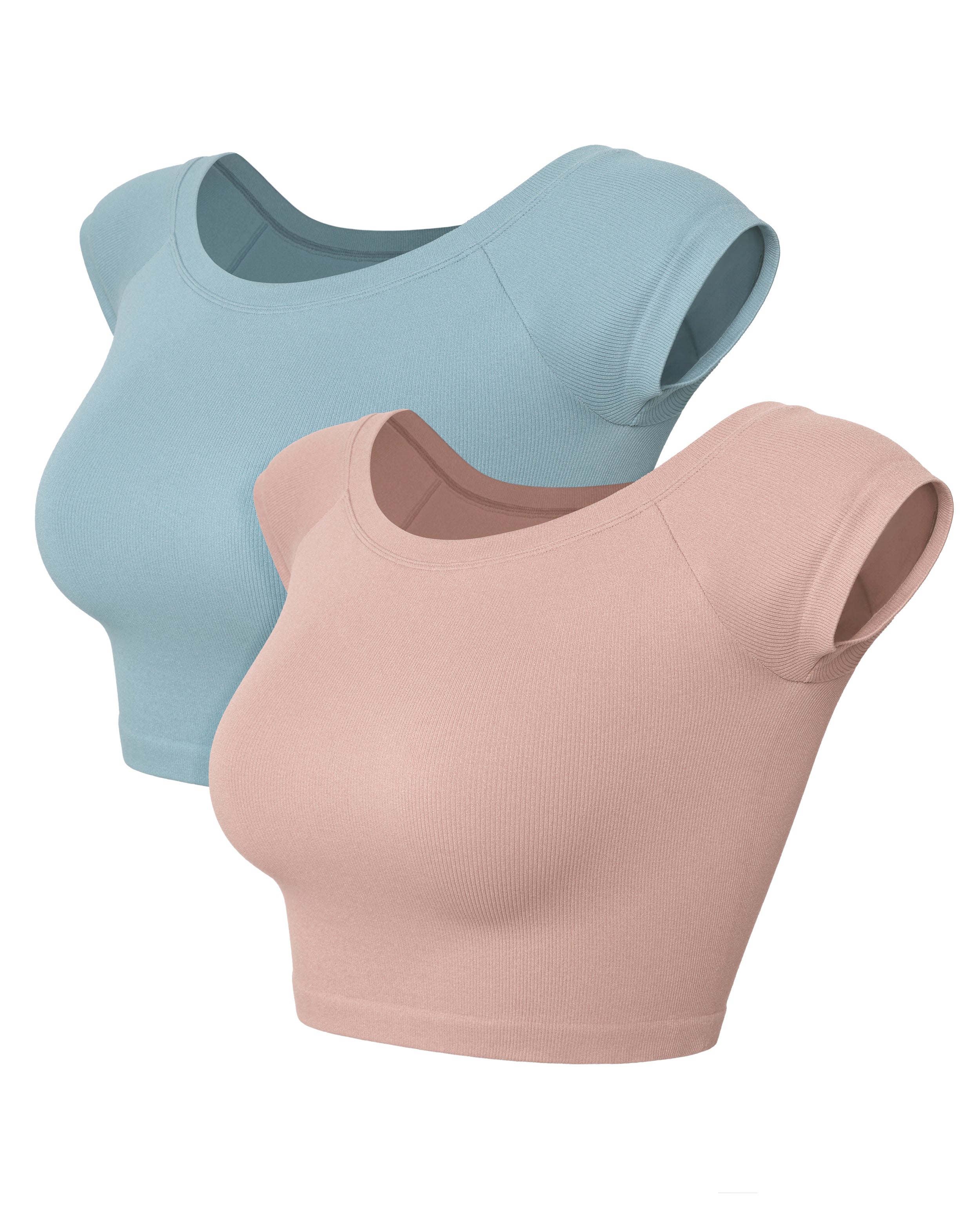 2-Pack Seamless Off Shoulder Short Sleeve Tops Pink+Blue - ododos