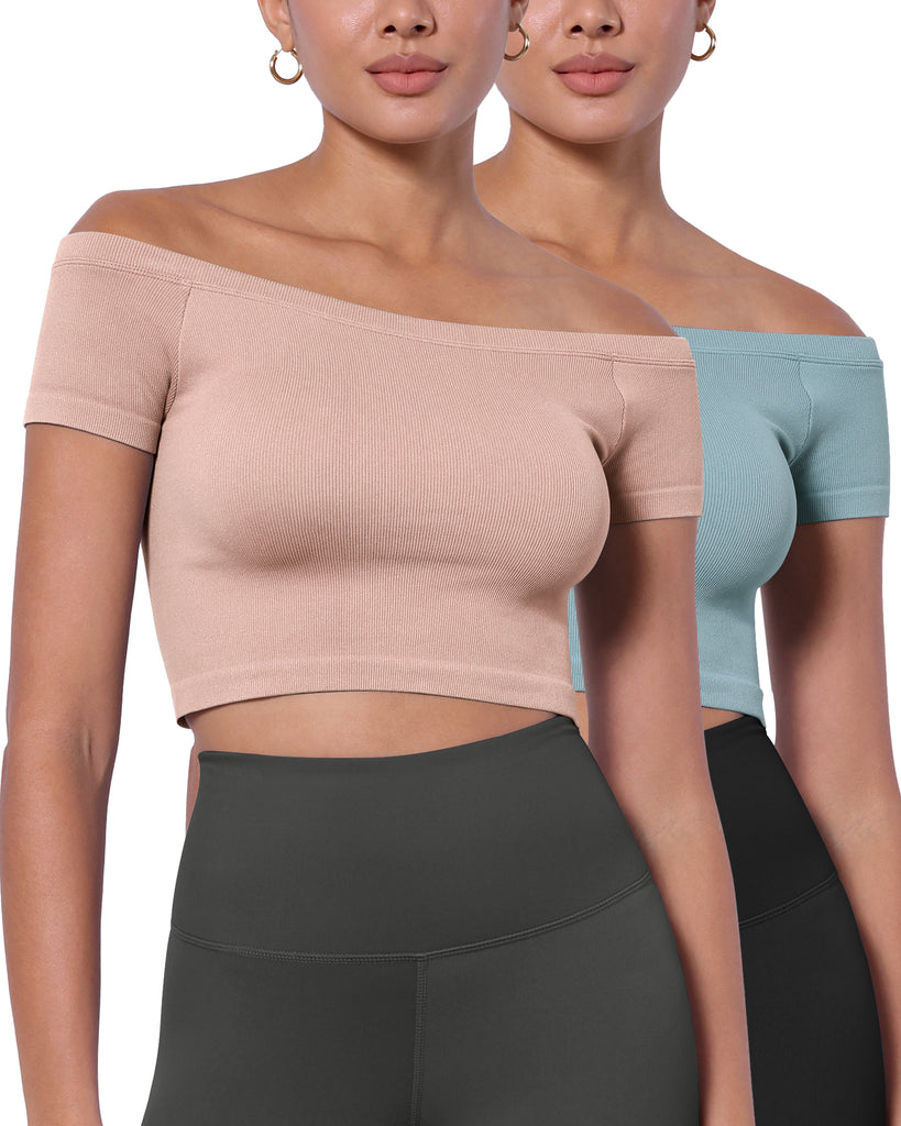  2-Pack Seamless Off Shoulder Short Sleeve Tops - ododos