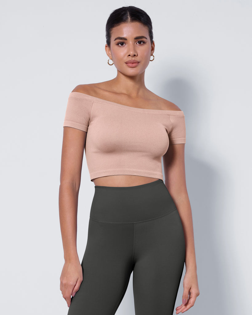  2-Pack Seamless Off Shoulder Short Sleeve Tops - ododos