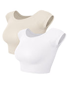 2-Pack Seamless Off Shoulder Short Sleeve Tops White+Ivory - ododos