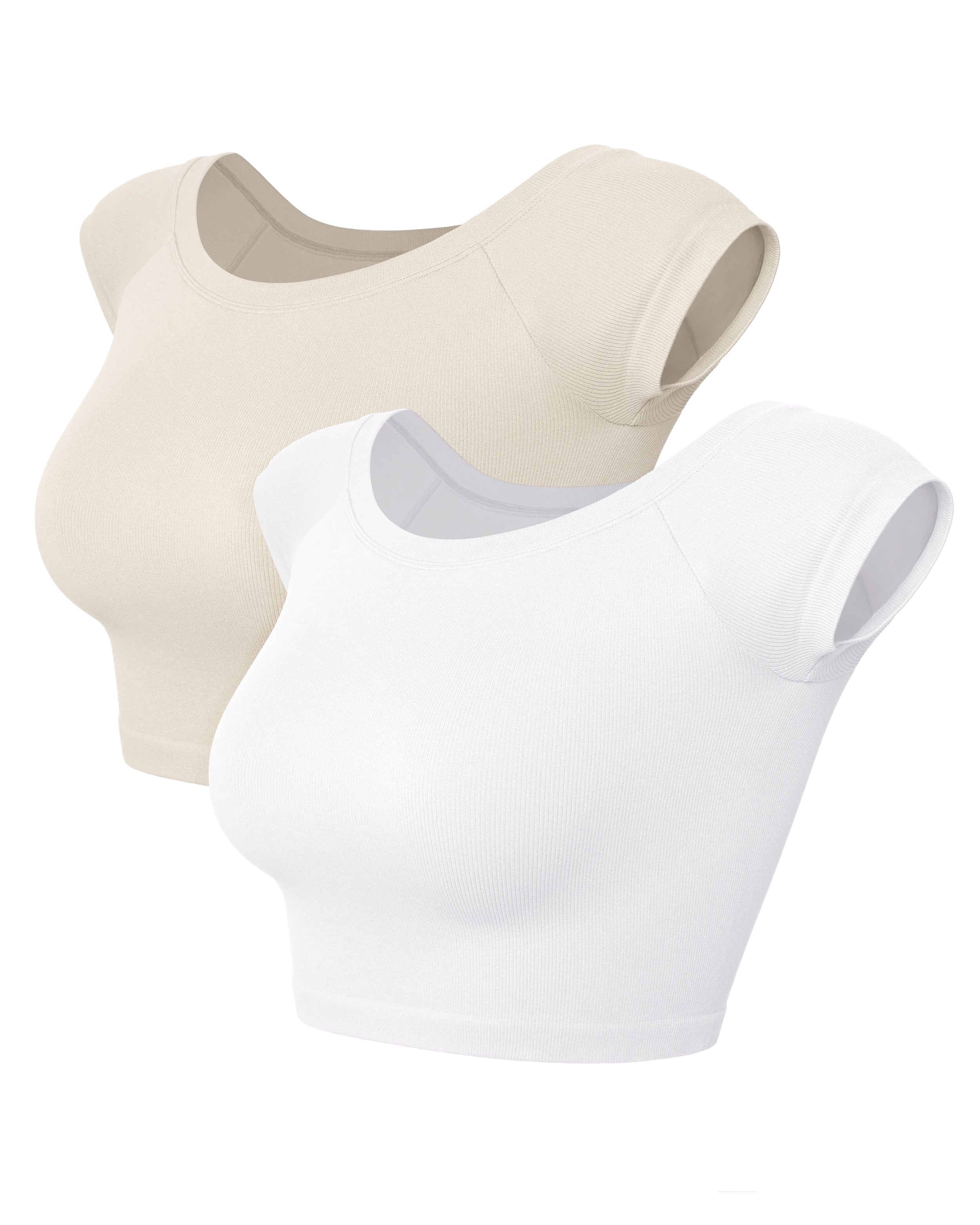 2-Pack Seamless Off Shoulder Short Sleeve Tops White+Ivory - ododos