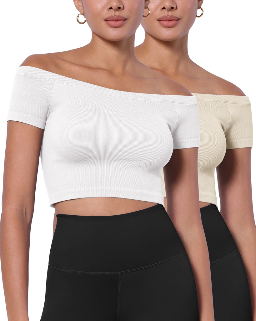  2-Pack Seamless Off Shoulder Short Sleeve Tops - ododos
