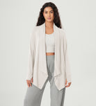 Drape Open Front Cozy Soft Cardigans Outerwear with Pockets Thumb Hole White - ododos