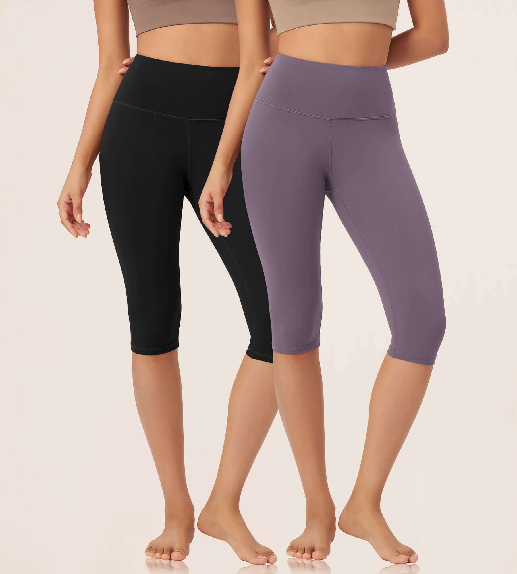 ODLEX 2-Pack 14" High Waist Knee Length Workout Athletic Running Capris Leggings Black+ash Violet - ododos