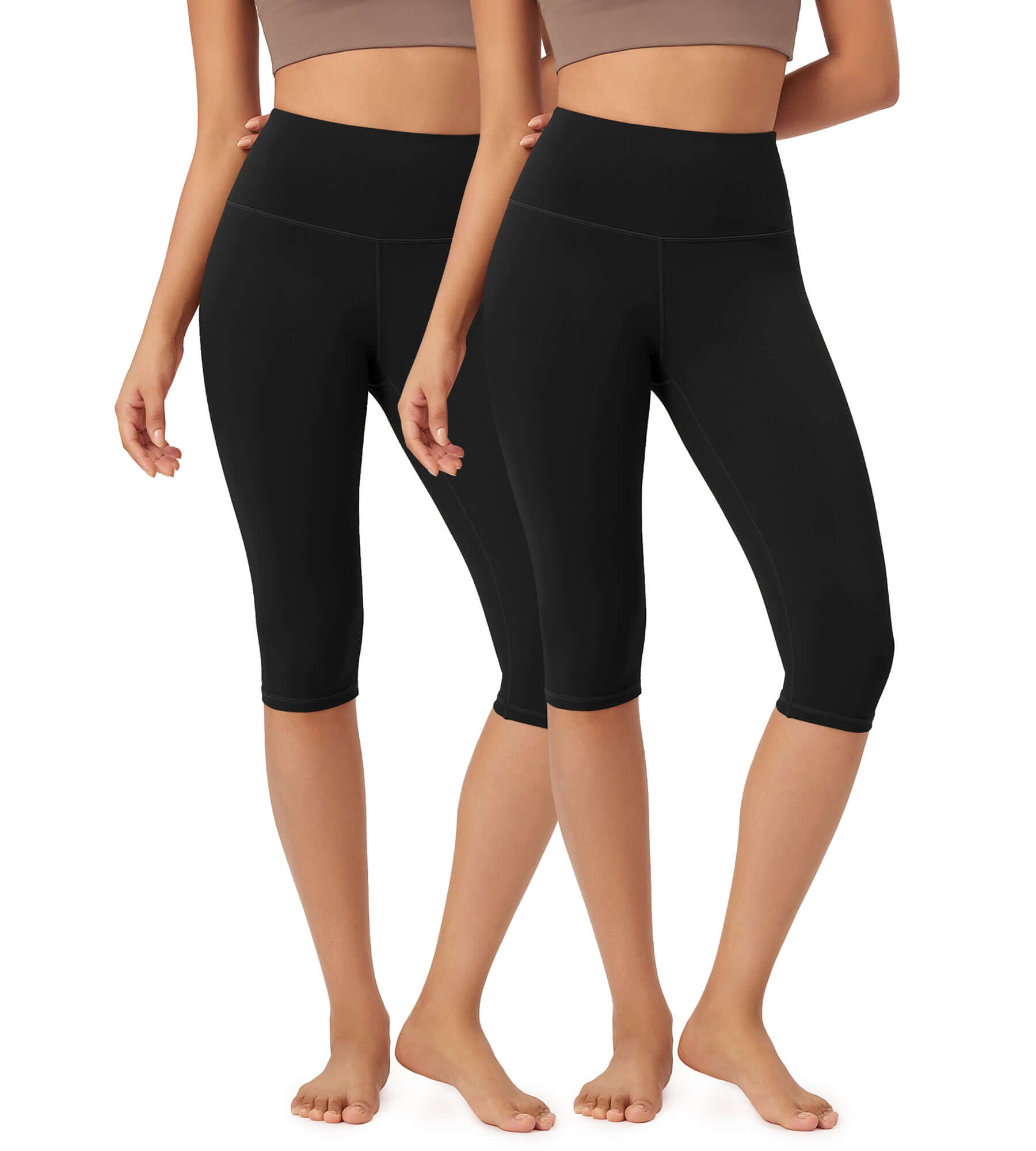 ODLEX 2-Pack 14" High Waist Knee Length Workout Athletic Running Capris Leggings Black+Black - ododos