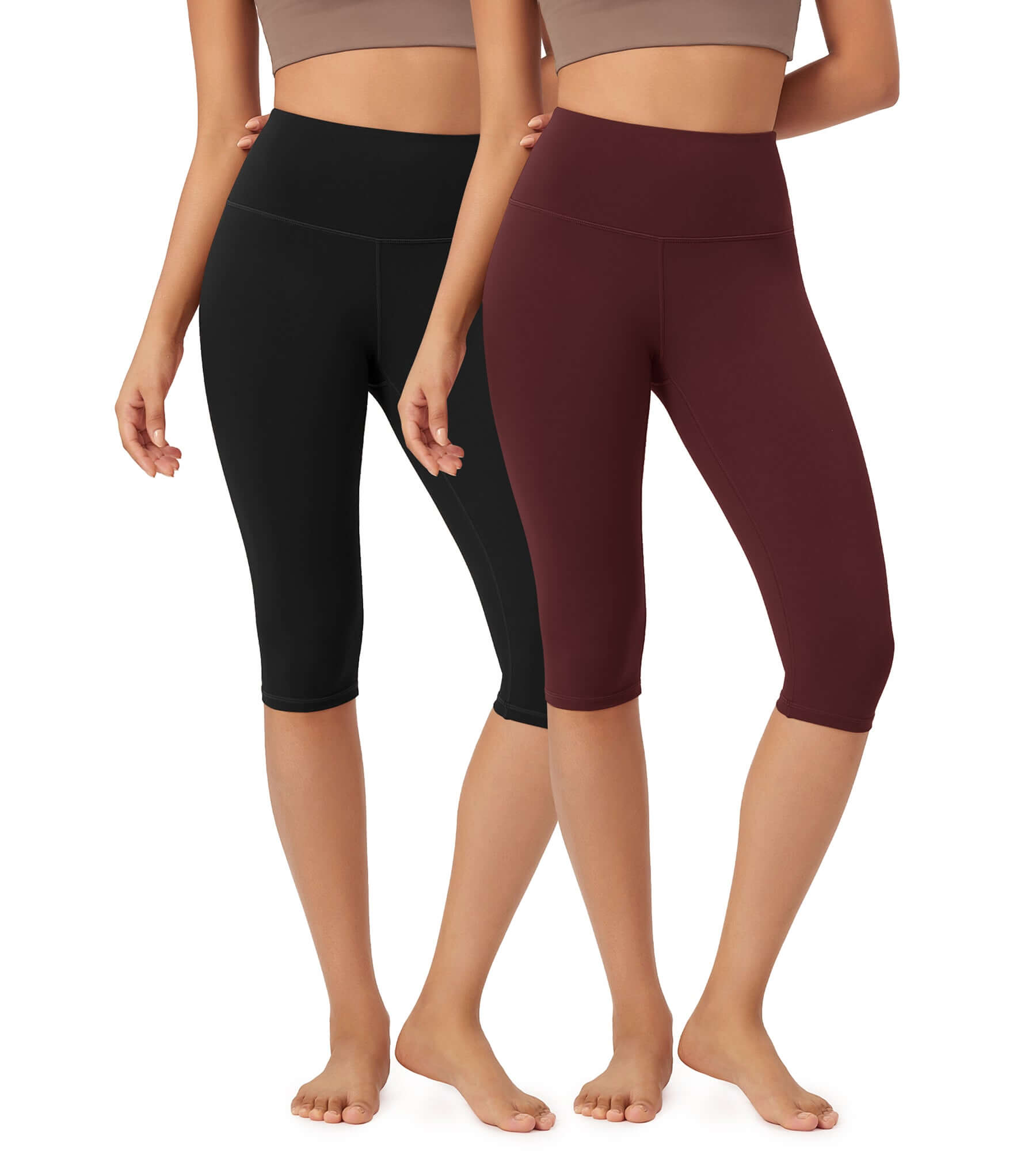 ODLEX 2-Pack 14" High Waist Knee Length Workout Athletic Running Capris Leggings Black+Burgundy - ododos