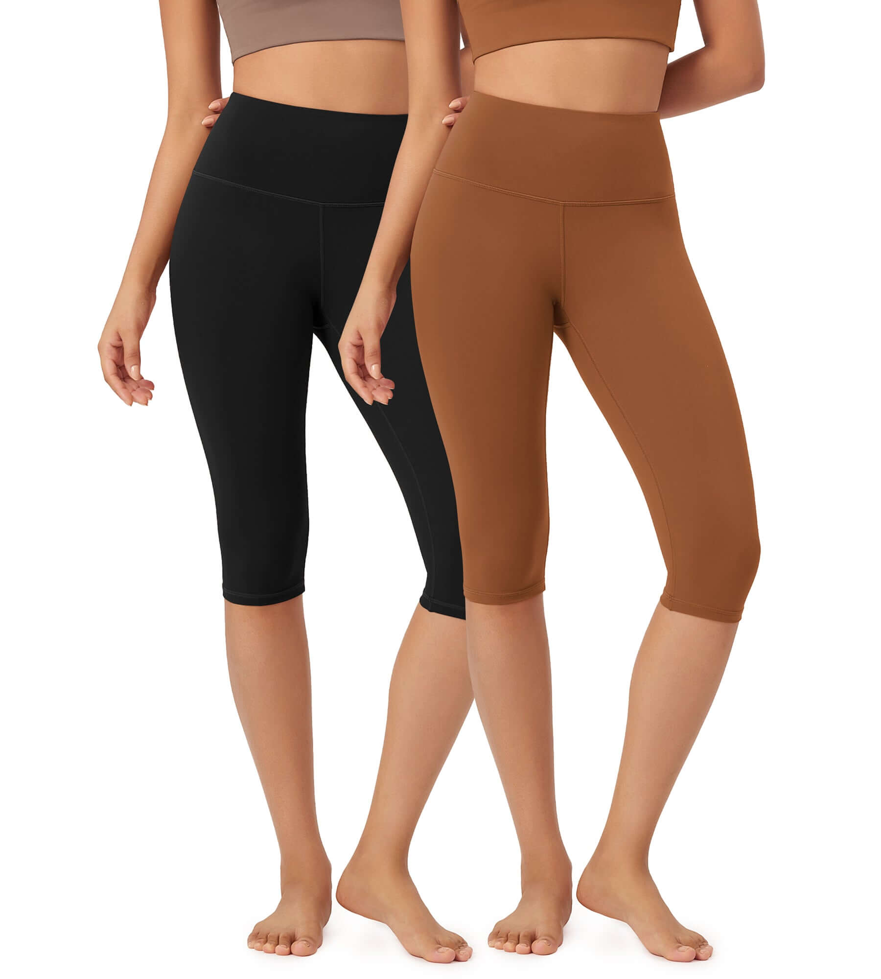 ODLEX 2-Pack 14" High Waist Knee Length Workout Athletic Running Capris Leggings Black+Caramel - ododos