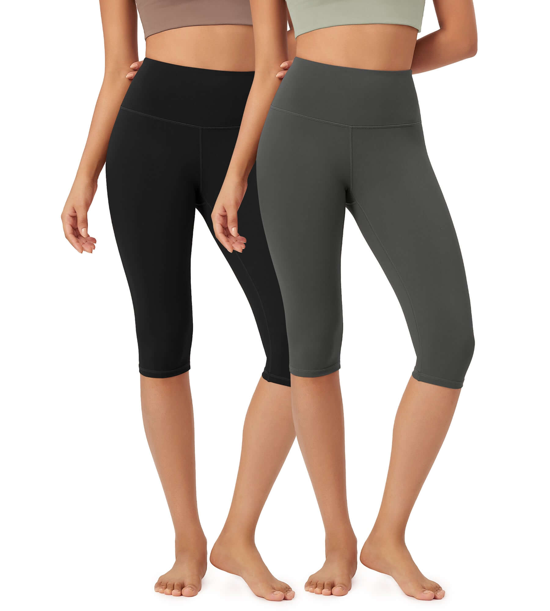 ODLEX 2-Pack 14" High Waist Knee Length Workout Athletic Running Capris Leggings Black+Charcoal - ododos