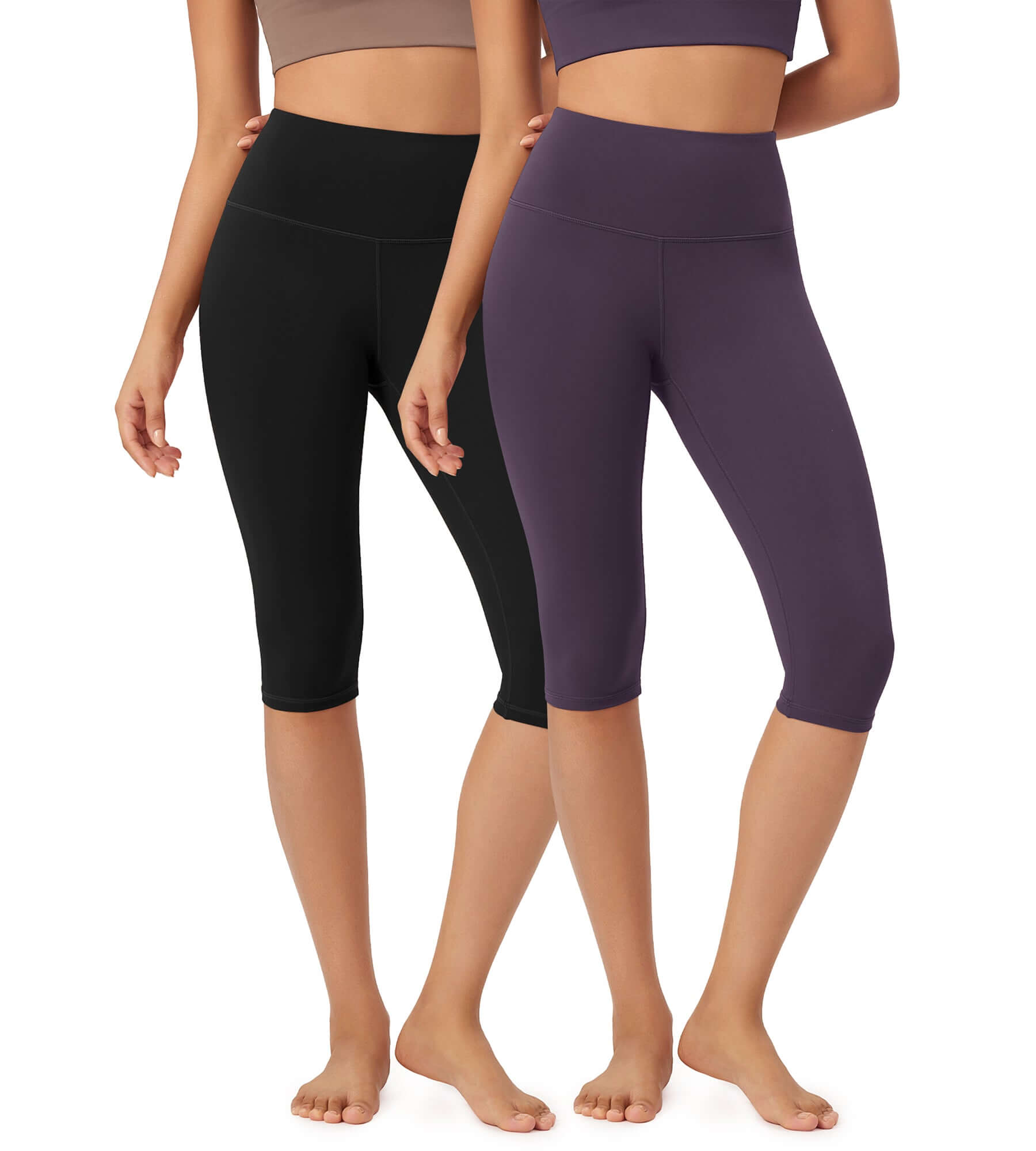 ODLEX 2-Pack 14" High Waist Knee Length Workout Athletic Running Capris Leggings Black+Purple Taupe - ododos