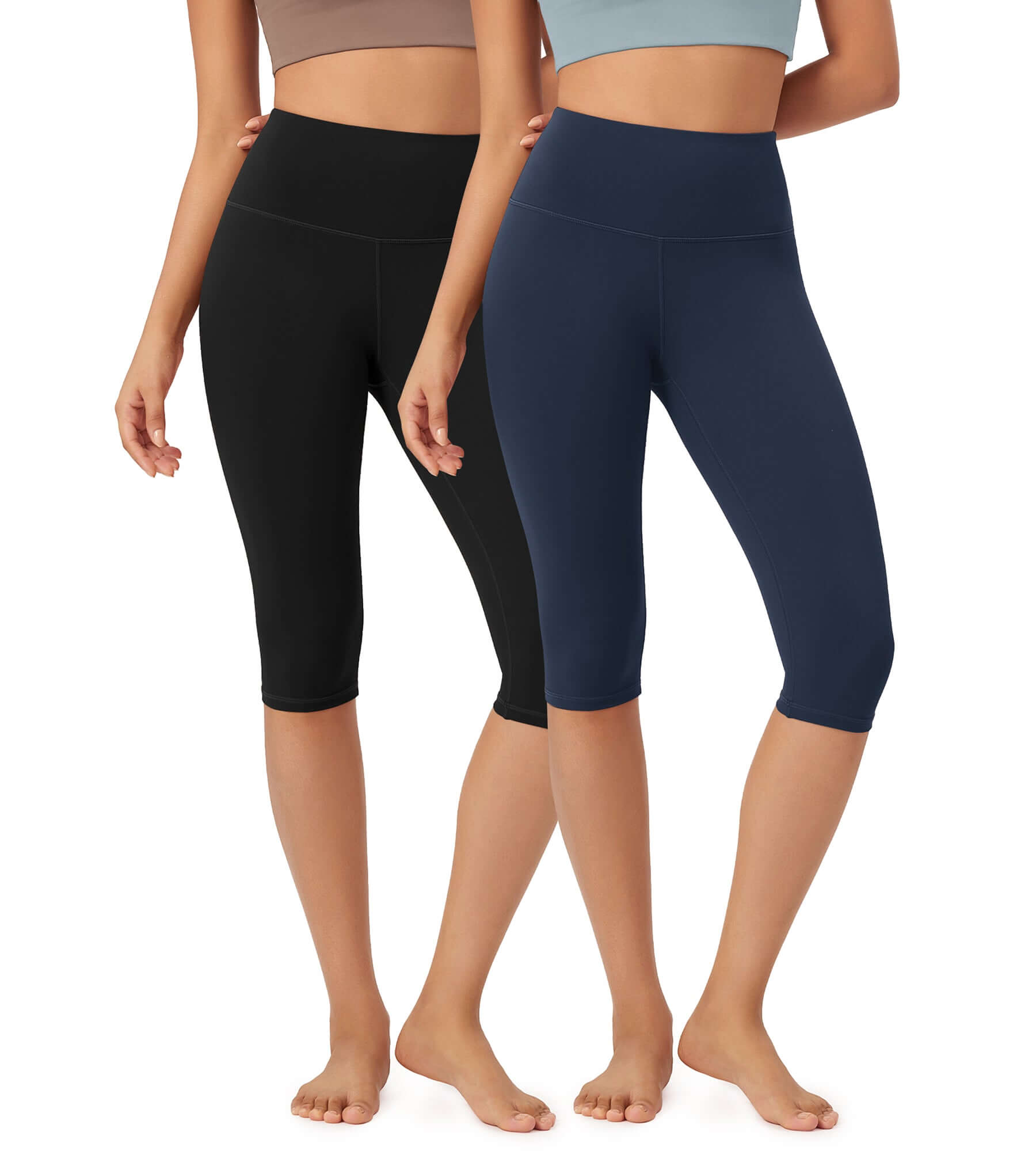 ODLEX 2-Pack 14" High Waist Knee Length Workout Athletic Running Capris Leggings Black+Navy - ododos