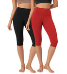 ODLEX 2-Pack 14" High Waist Knee Length Workout Athletic Running Capris Leggings Black+Red - ododos