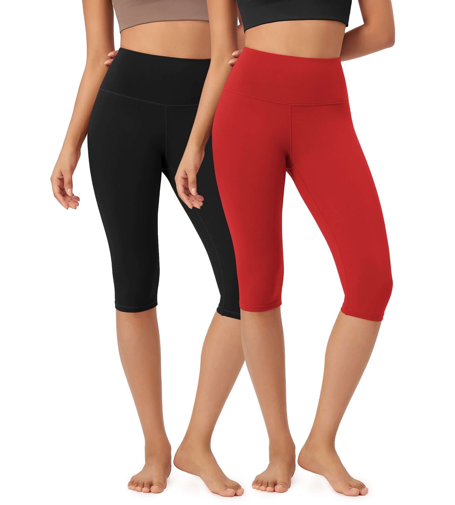 ODLEX 2-Pack 14" High Waist Knee Length Workout Athletic Running Capris Leggings Black+Red - ododos