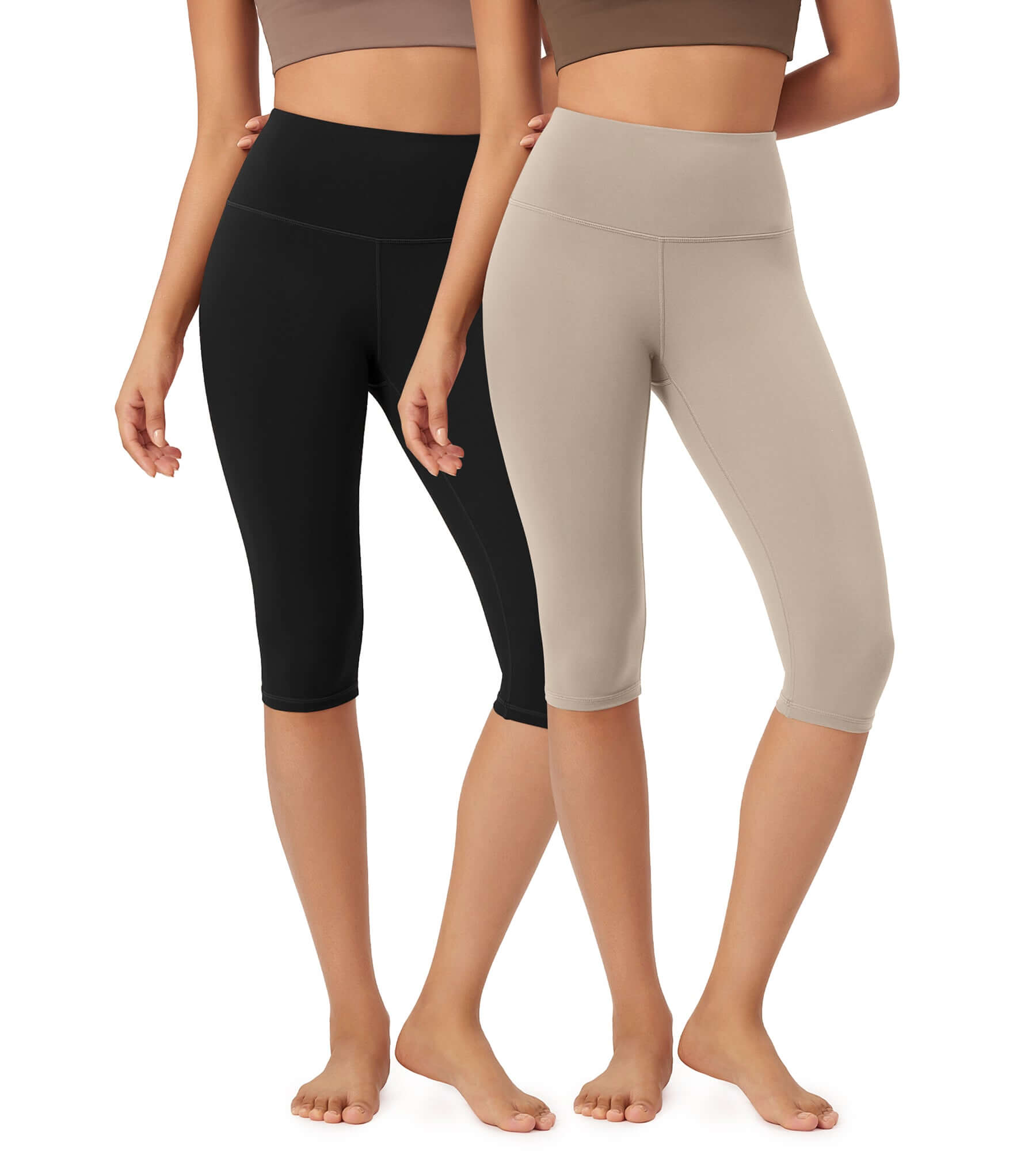 ODLEX 2-Pack 14" High Waist Knee Length Workout Athletic Running Capris Leggings Black+Taupe - ododos
