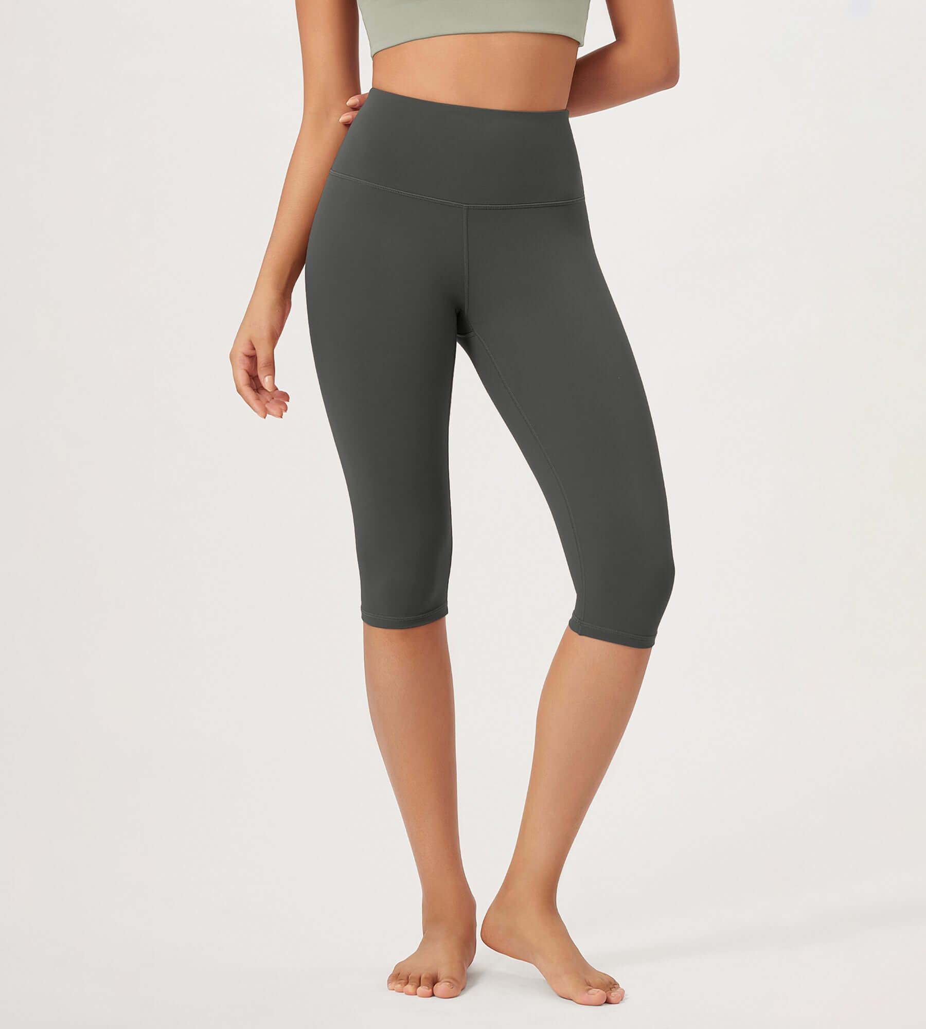 ODLEX 14" High Waist Knee Length Workout Athletic Running Capris Leggings Charcoal - ododos