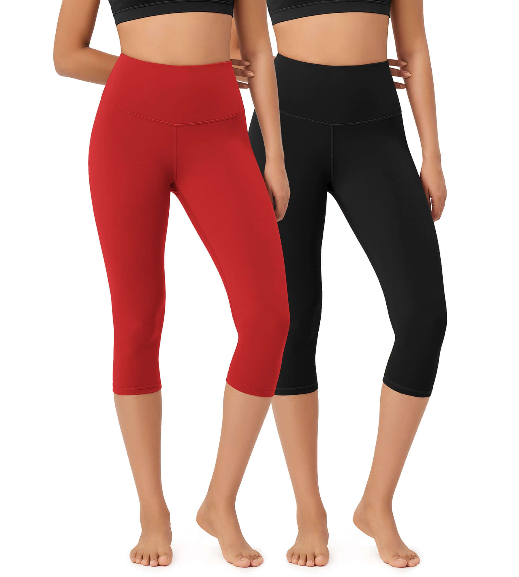 ODLEX 2-Pack 19" High Waist Knee Length Workout Athletic Running Capris Leggings Black+Red - ododos