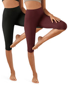 ODCLOUD 2-Pack High Waist Yoga Capris - Knee Length Black+Burgundy - ododos