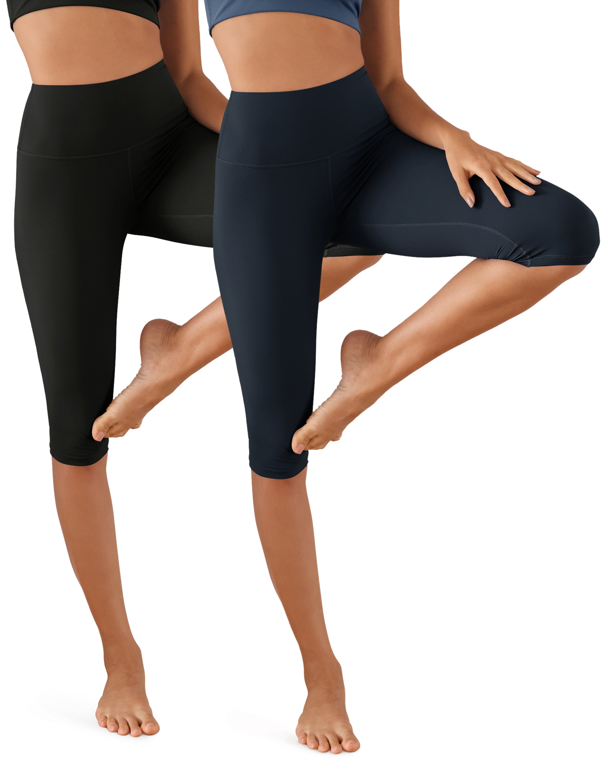 ODCLOUD 2-Pack High Waist Yoga Capris - Knee Length Black+Deep Navy - ododos