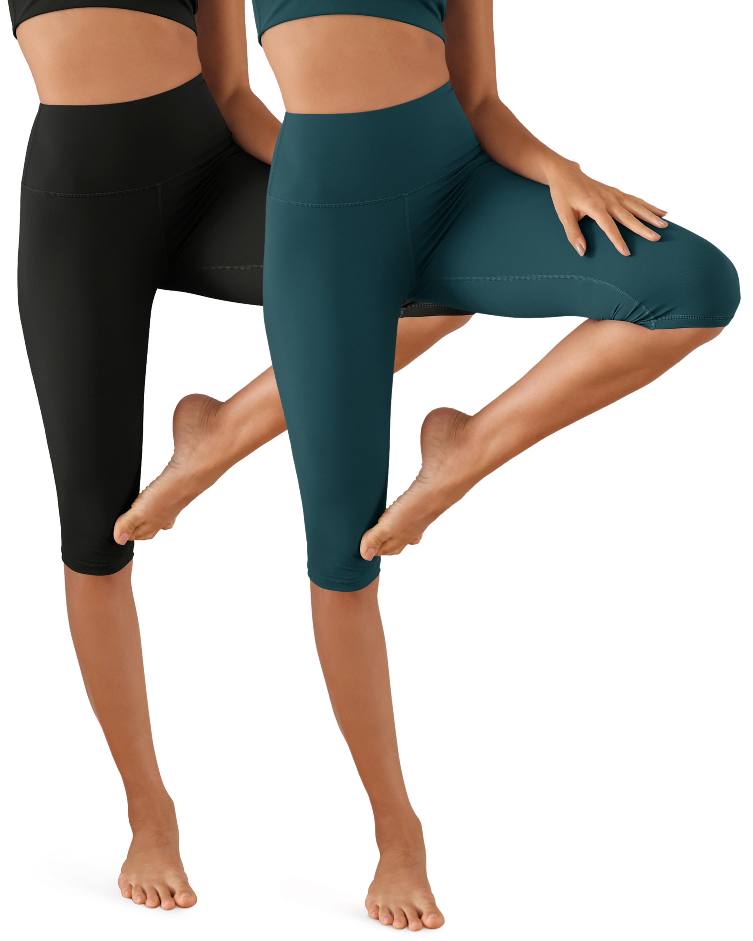 ODCLOUD 2-Pack High Waist Yoga Capris - Knee Length Black+Forest Teal - ododos
