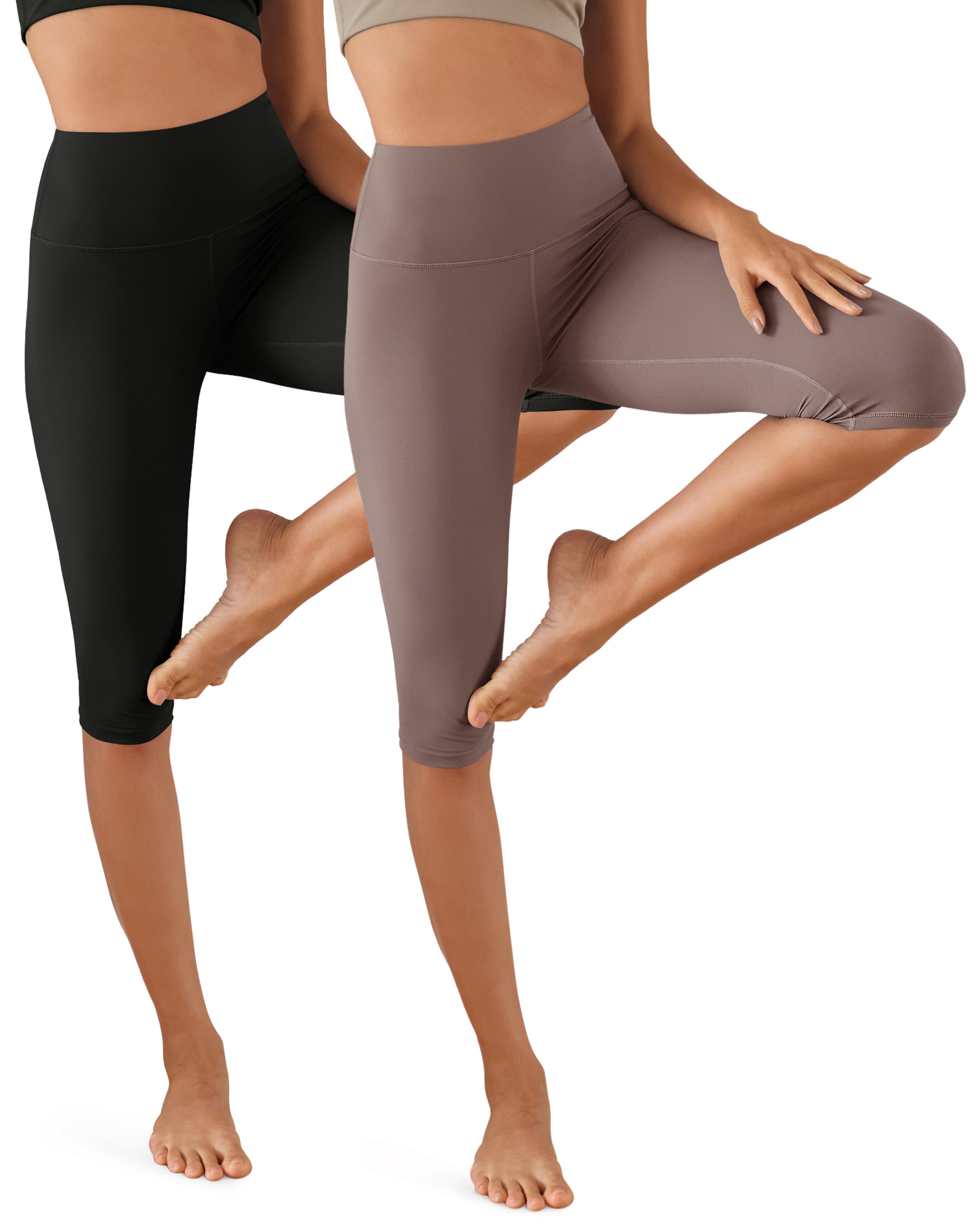 ODCLOUD 2-Pack High Waist Yoga Capris - Knee Length Black+Purple Taupe - ododos