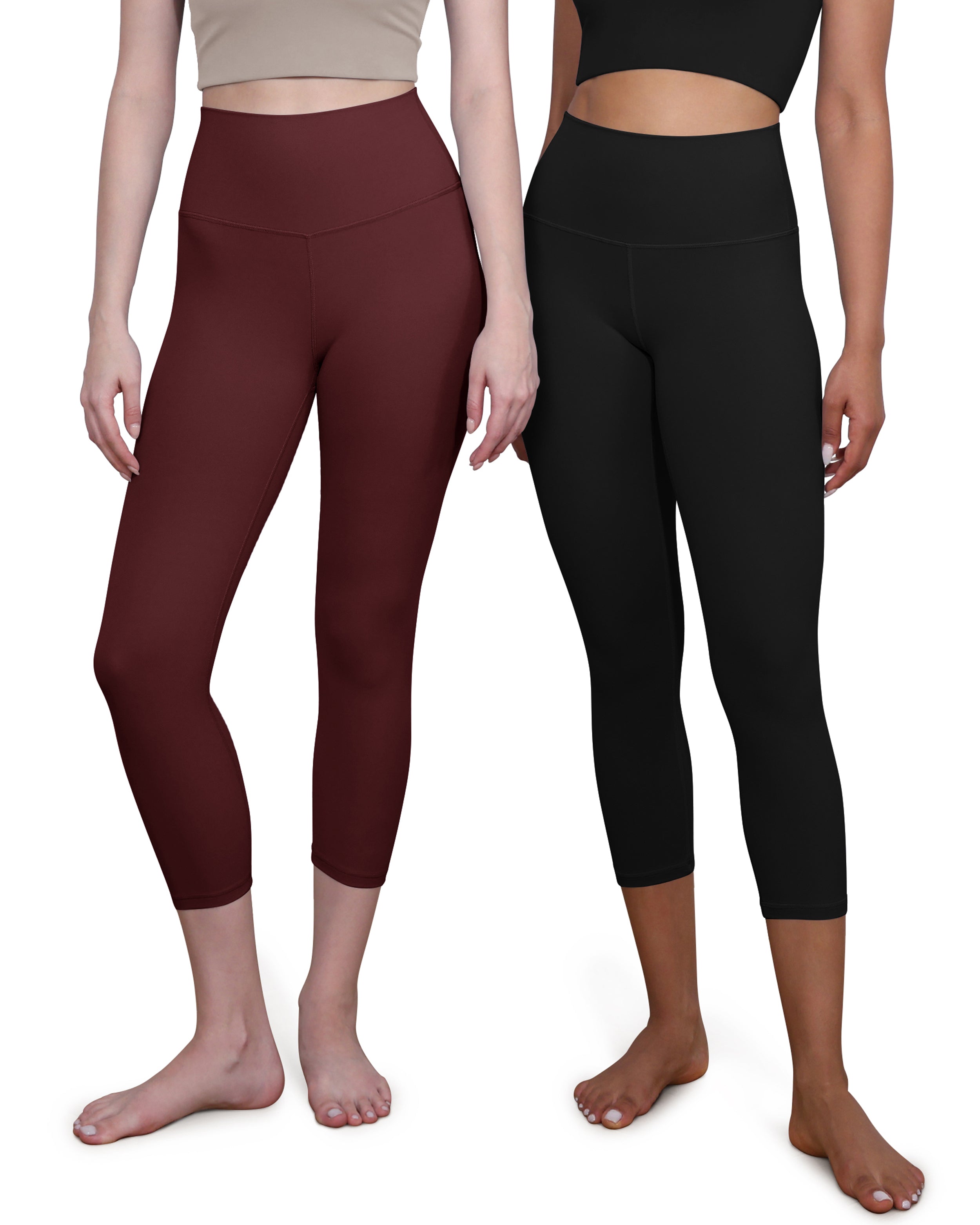 ODCLOUD 2-Pack High Waist Yoga Capris - Calf Length Black+Burgundy - ododos