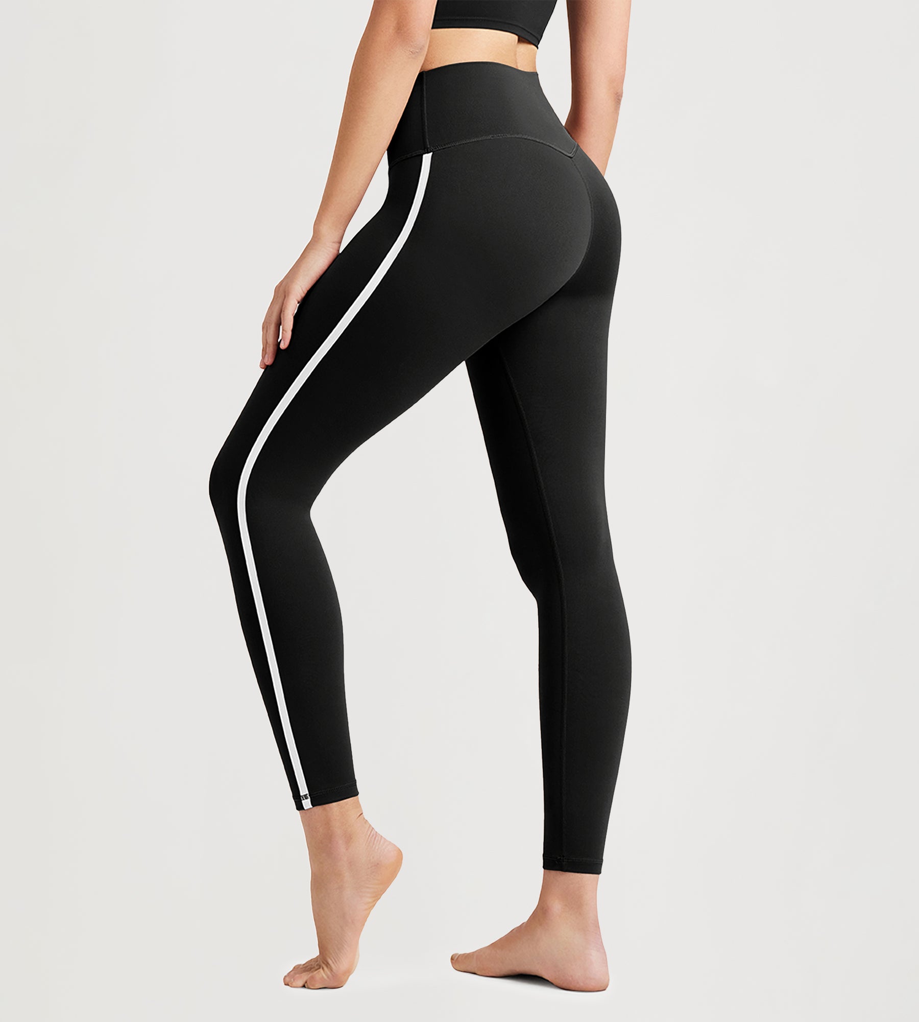 25" ODCLOUD High Waist Yoga Pants Leggings for Women with white side-piping Black - ododos