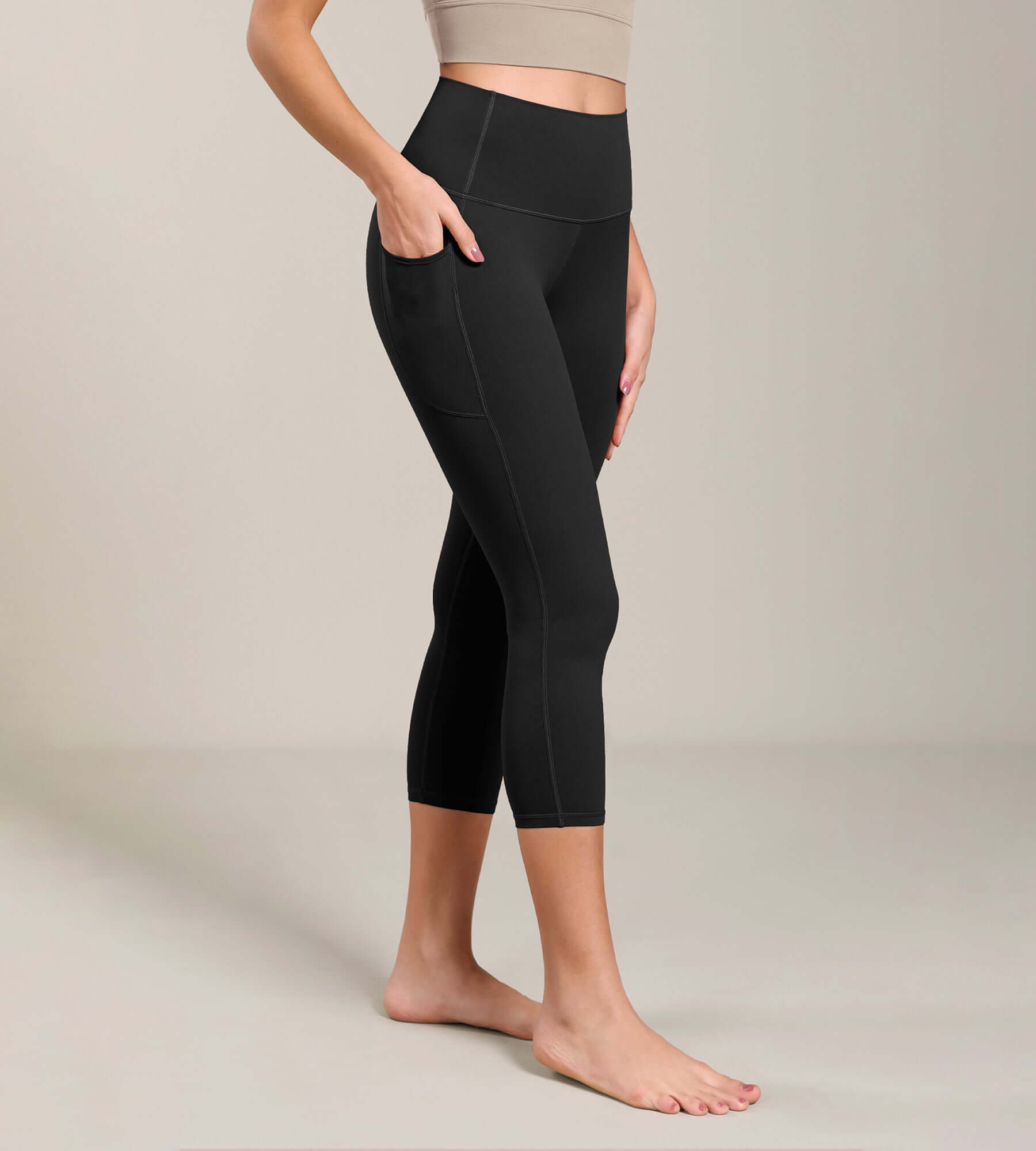 Odcloud Lounge Yoga 21" High Waist Capris Leggings with Pockets Black - ododos